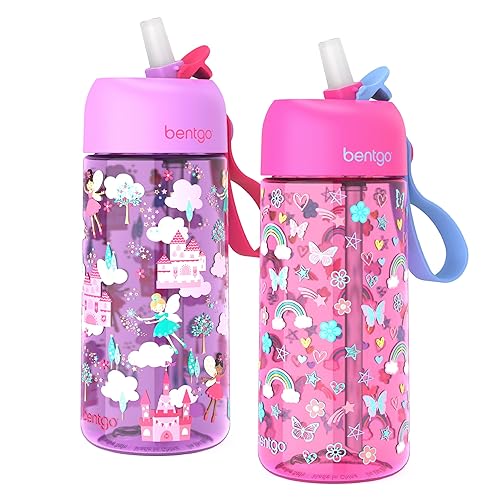 Bentgo Kids Water Bottle 2-Pack - New  Improved 2023 Leak-Proof BPA-Free 15 oz Cups for Toddlers & Children Flip-Up Safe-Sip Straw School  Sports  Daycare  Camp (Rainbows Butterflies/Fairies)