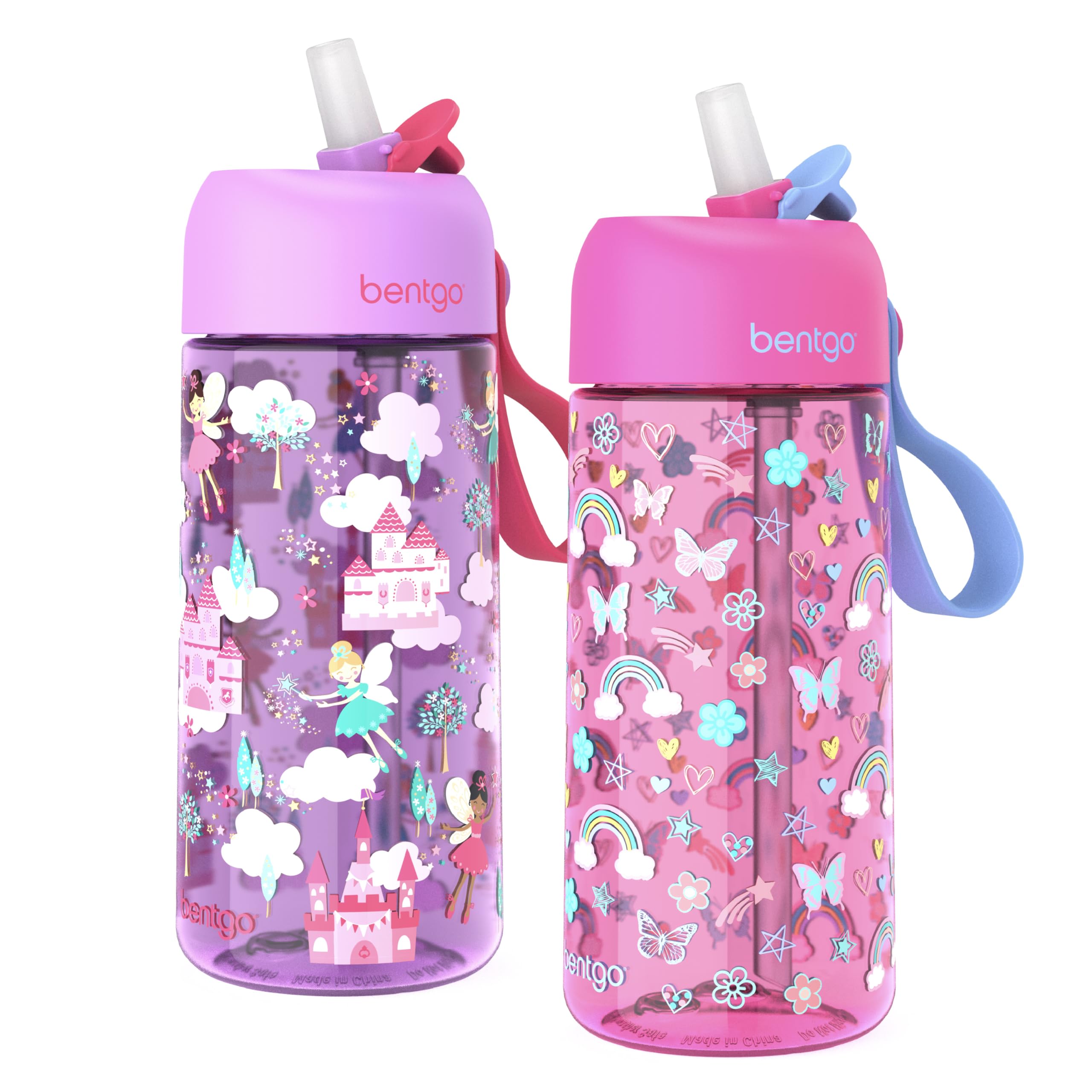 Bentgo Kids Water Bottle 2-Pack - New  Improved 2023 Leak-Proof BPA-Free 15 oz Cups for Toddlers & Children Flip-Up Safe-Sip Straw School  Sports  Daycare  Camp (Rainbows Butterflies/Fairies)