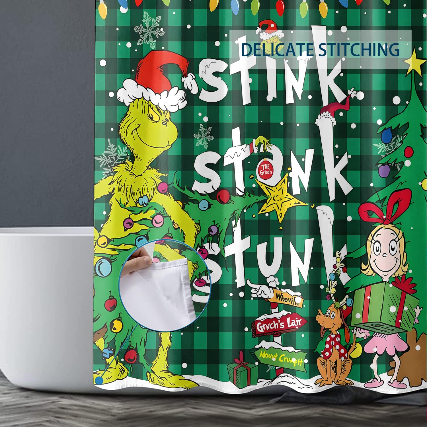 4 Pcs Christmas Bathroom Set, Shower Curtain, Non-Slip Rugs, Toilet Lid Cover and Bath Mat - 72 X 72 Inches with Hooks - Holiday