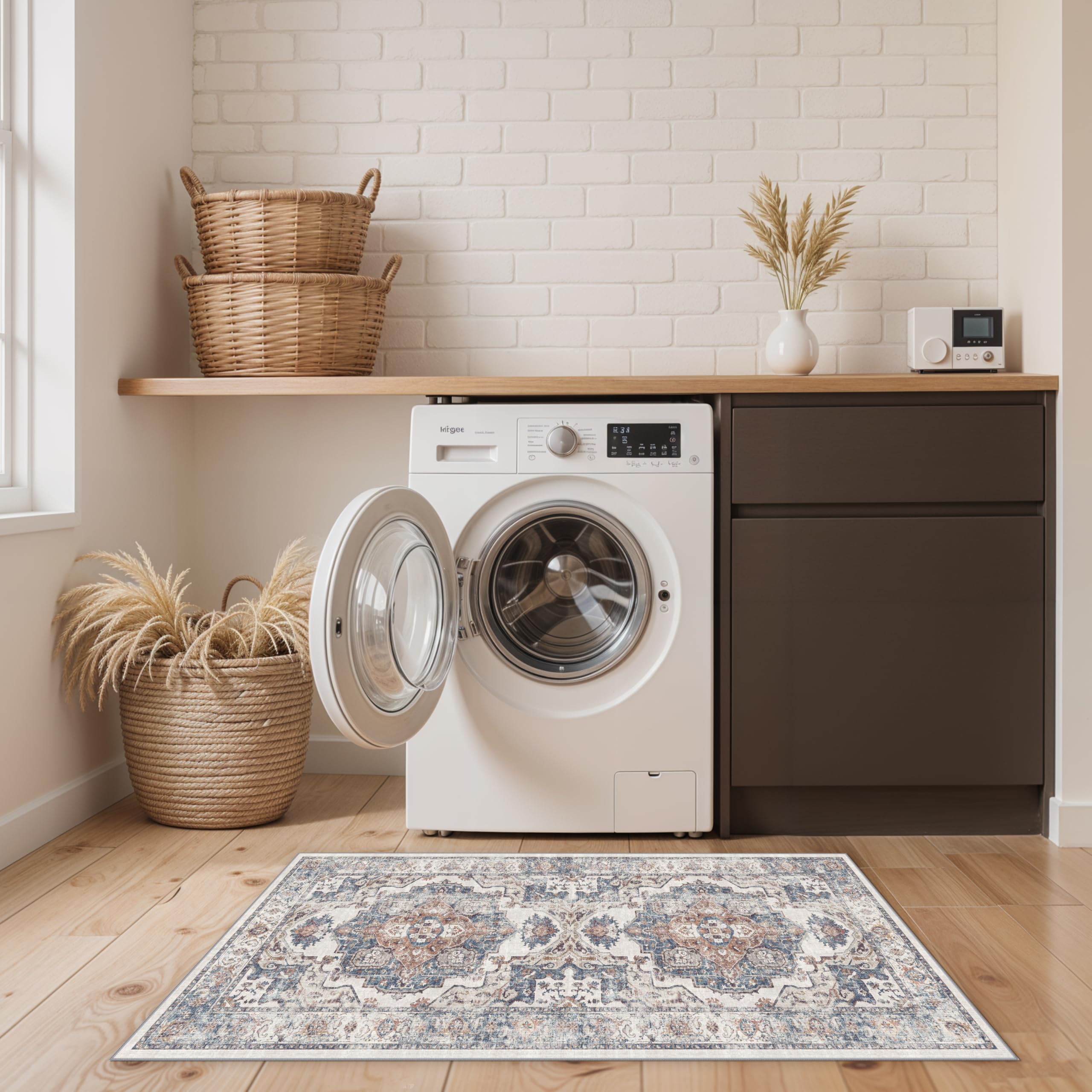 2x4 Washable Kitchen Runner Rug: Vintage Non-Slip Low Pile Entryway Area Rugs Thin Light Weight Carpet for Nursery Bedroom Soft