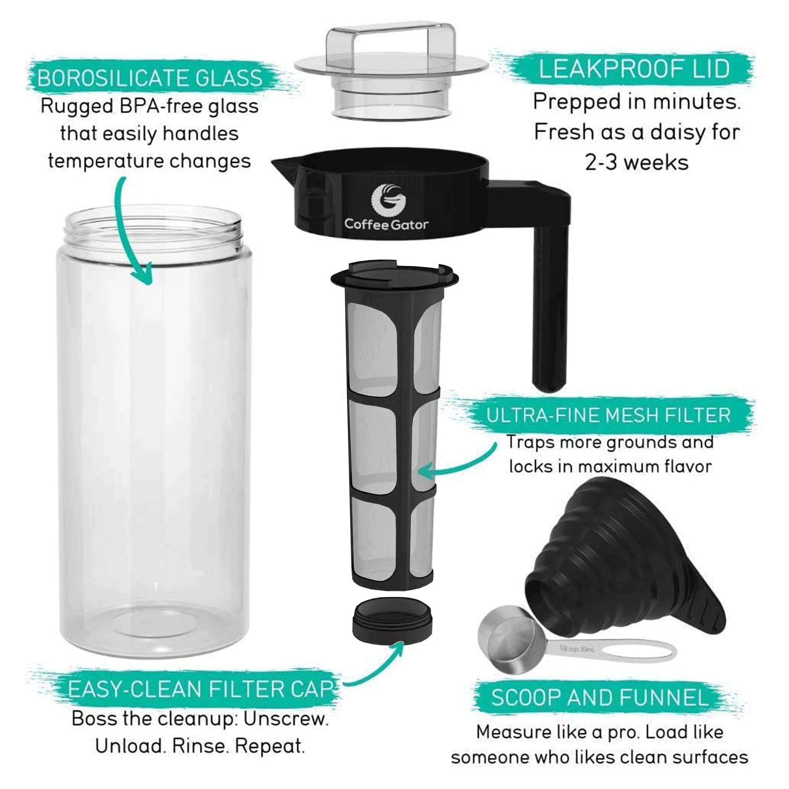 Coffee Gator Cold Brew Coffee Maker - 47 Oz Iced Tea And Cold Brew Maker And Pitcher W/Glass Carafe, Filter, Funnel & Measuring