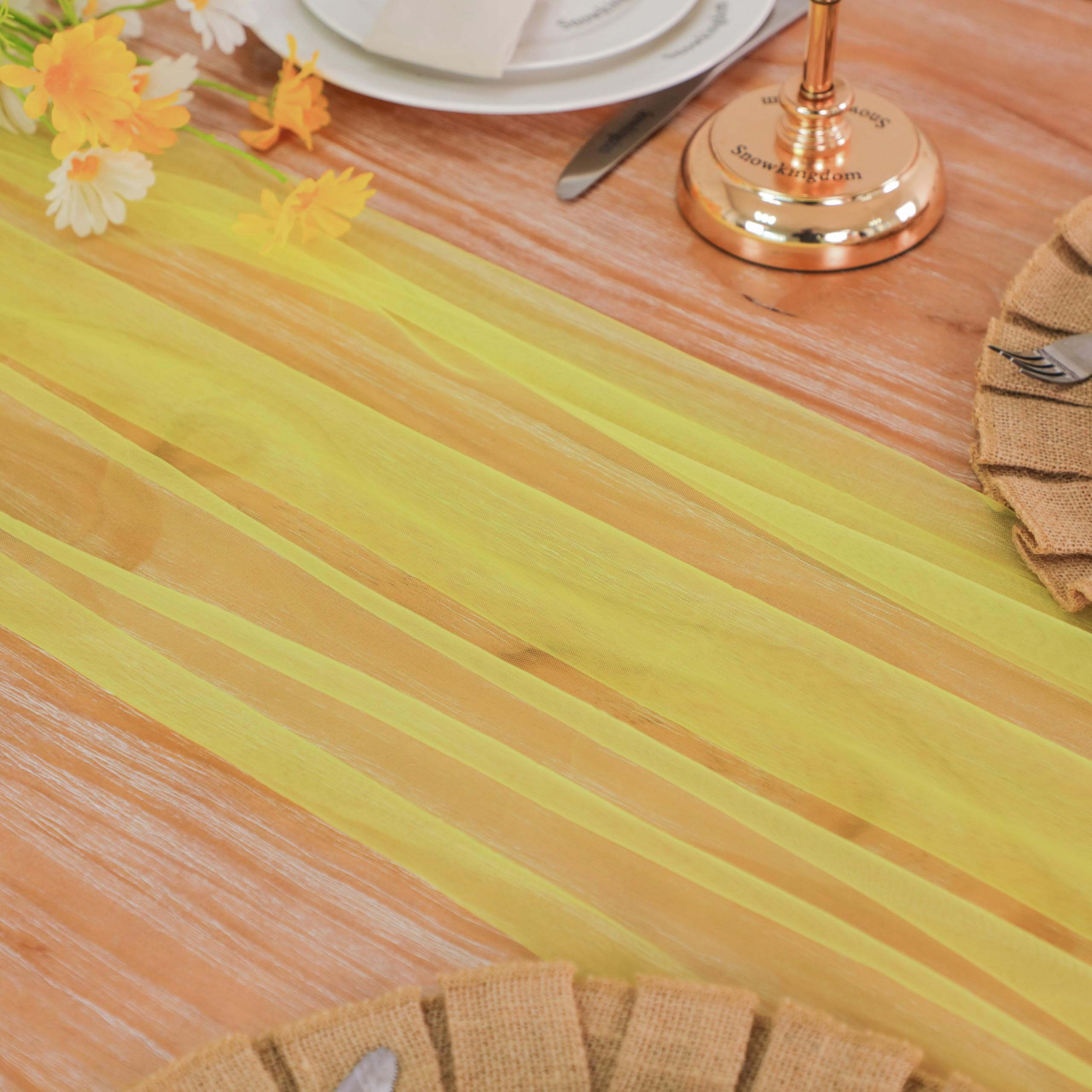 Snowkingdom Fall Yellow Table Runner, 10FT Light Yellow Tulle Gauze Sheer Cheesecloth Thanksgiving Dining Table Decorations, Boh