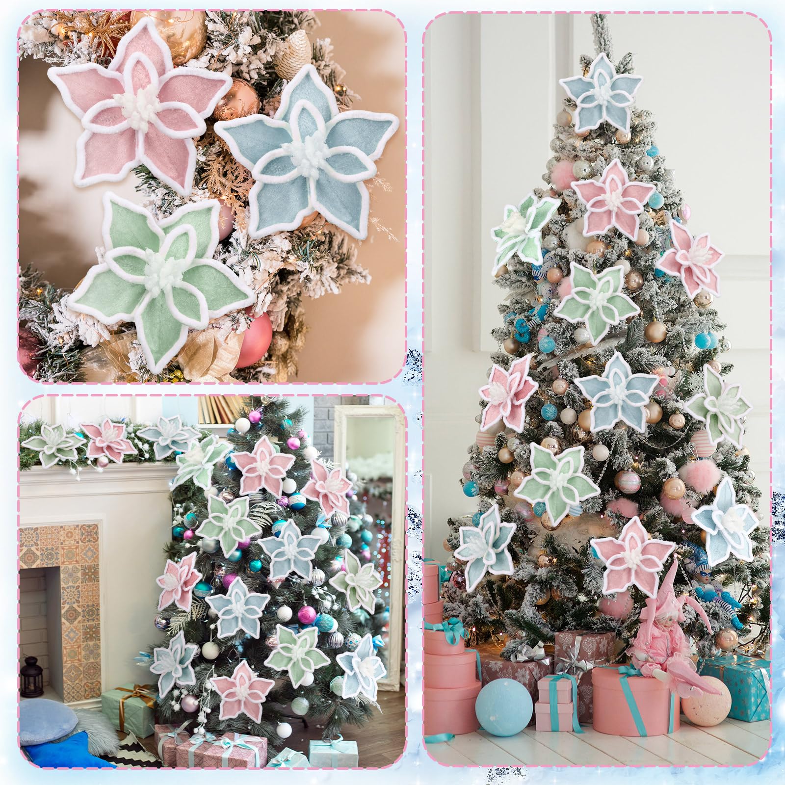 Bucherry 12 Pcs Candyland Christmas Tree Decorations, 6 Inch Silk Pastel Poinsettia Artificial Flowers with Clips Colorful Candy