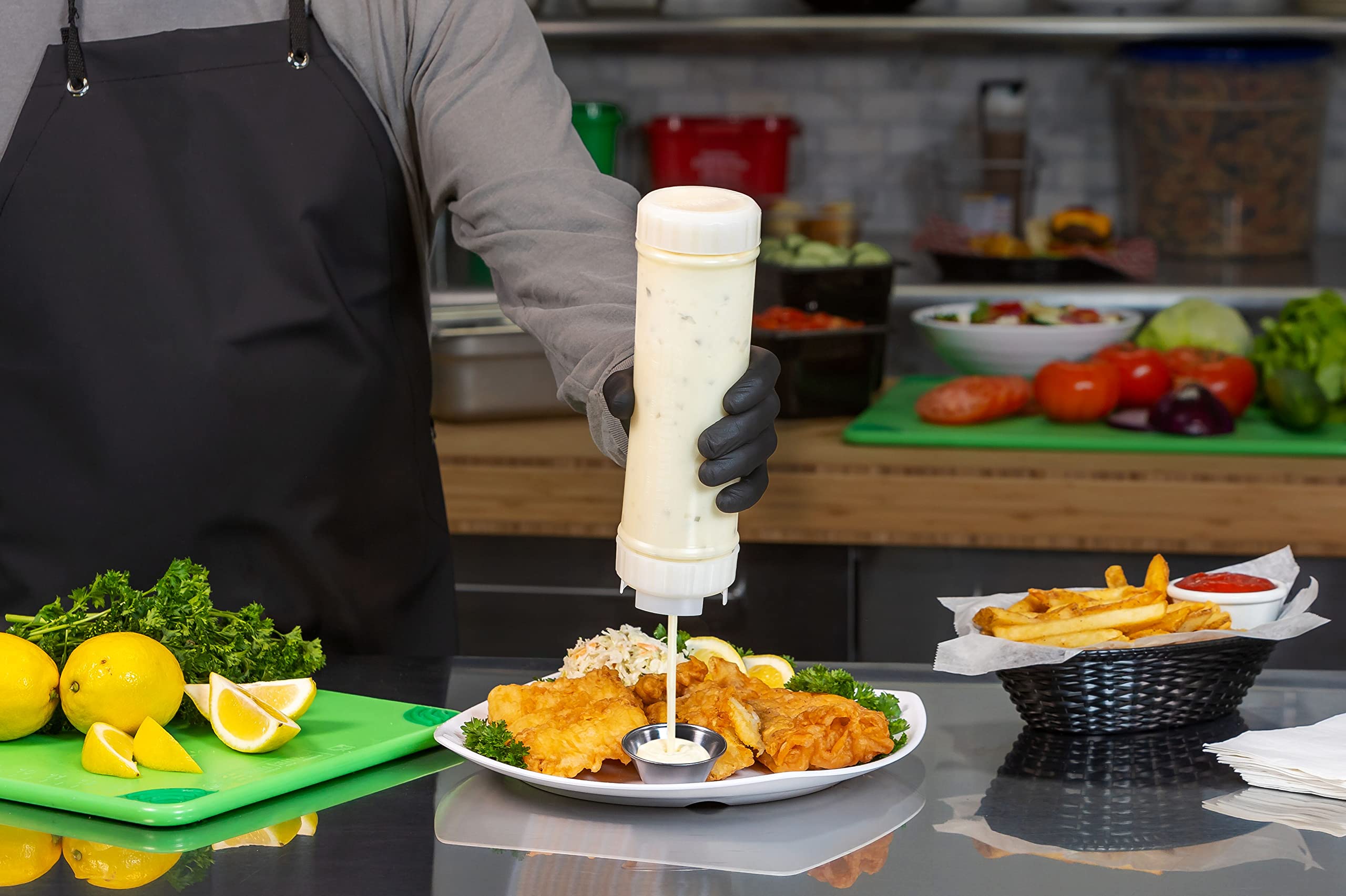 San Jamar Ez Kleen Plastic Sauce Bottle With Medium Valve For Thick Sauces And Relish, 24 Ounces, White, (Pack Of 6)
