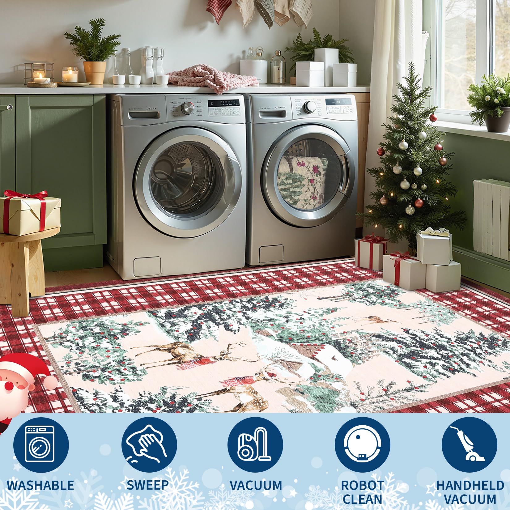 GarveeHome Christmas Washable Runner Rug 2.5x10, Holiday Decor Runners for Kitchen Soft Low Pile Christmas Tree and Deer Rug Non