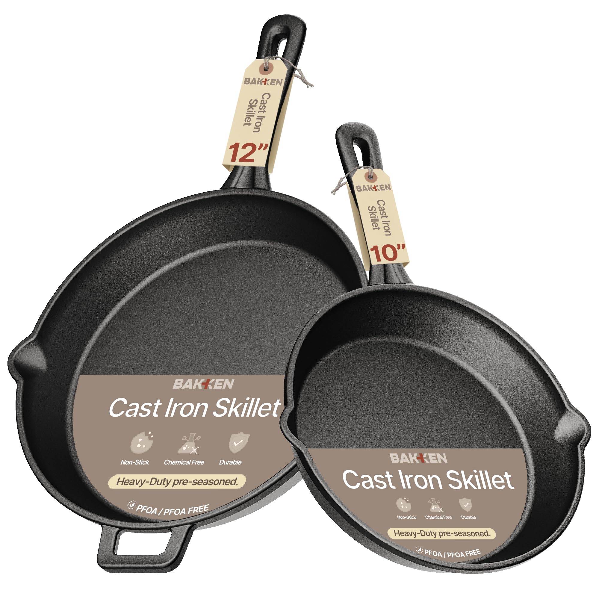 Bakken Cast Iron Skillet Set, 10 & 12 Pre-Seasoned Frying Pans with Even Heat Retention, Versatile for Stove, Oven, Grill & Camp