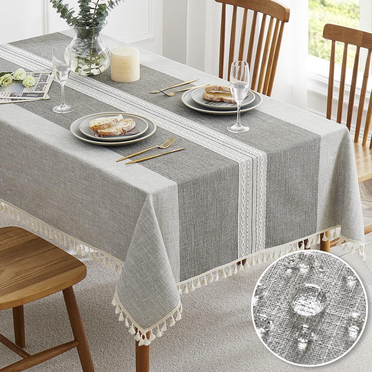 Qianquhui Embroidered Tablecloth For Dining Table,Dust Proof Spillproof Soil Resistant Cotton Linen Rectangle Table Cloths (Grey
