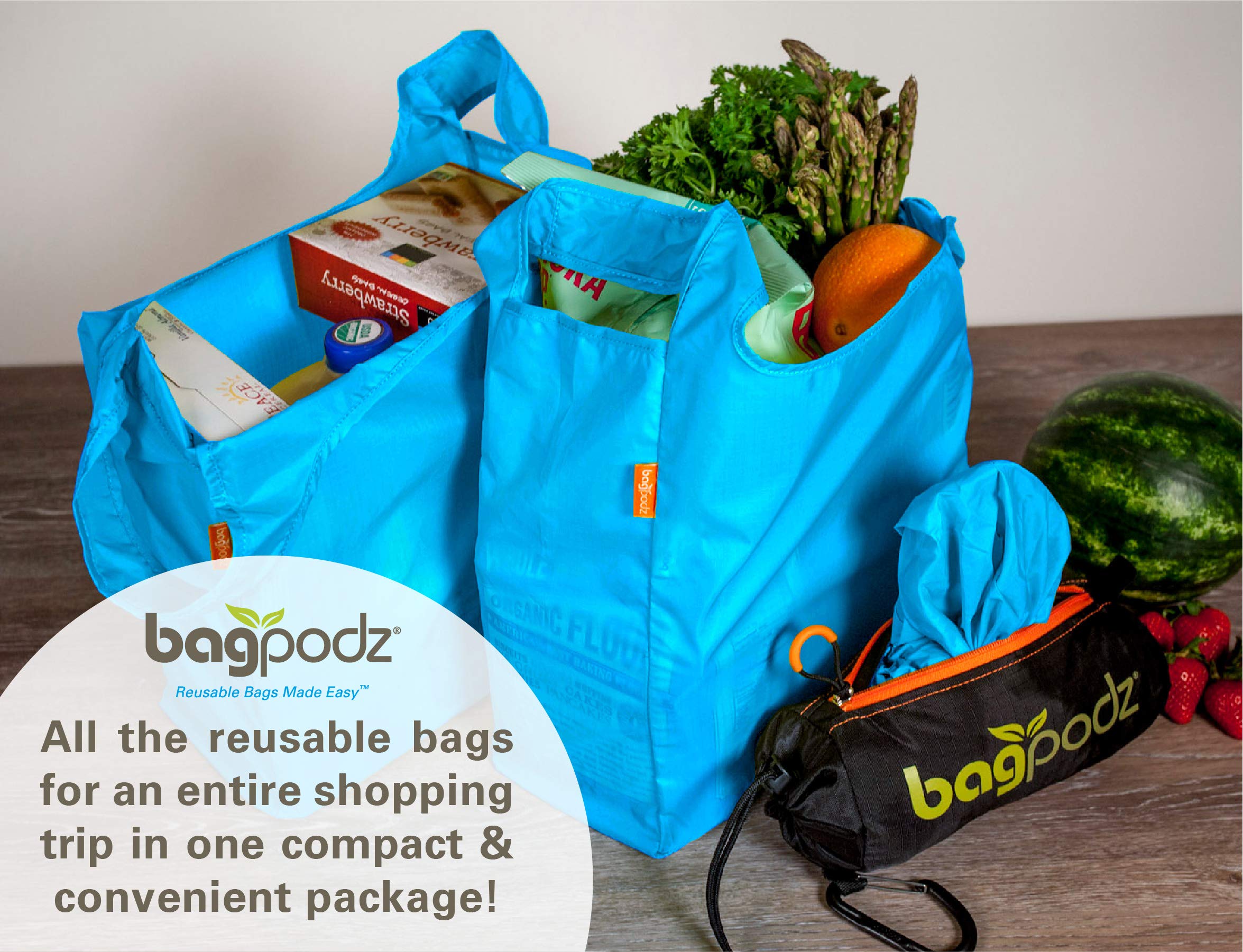 Bagpodz Sturdy Reusable Grocery Bags Made From Ripstop Nylon Hold 50Lbs - Reusable Shopping Bags Inside A Compact Pod With Carry