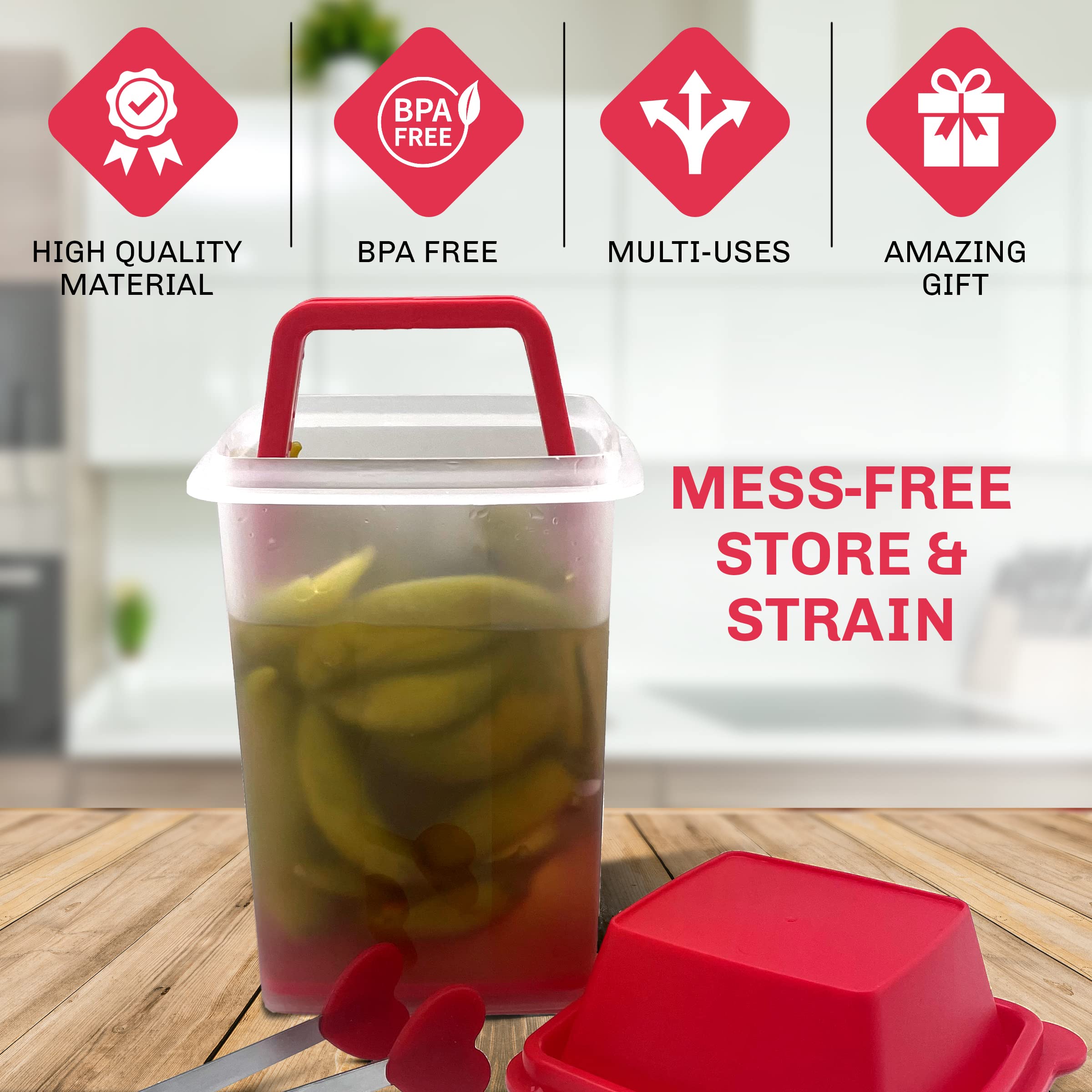 Mwnxia Pickle Container With Strainer Chilero Container Jalapenos Jalapeos | Pickle Jar With Lifter | Bpa-Free Complete With Ton