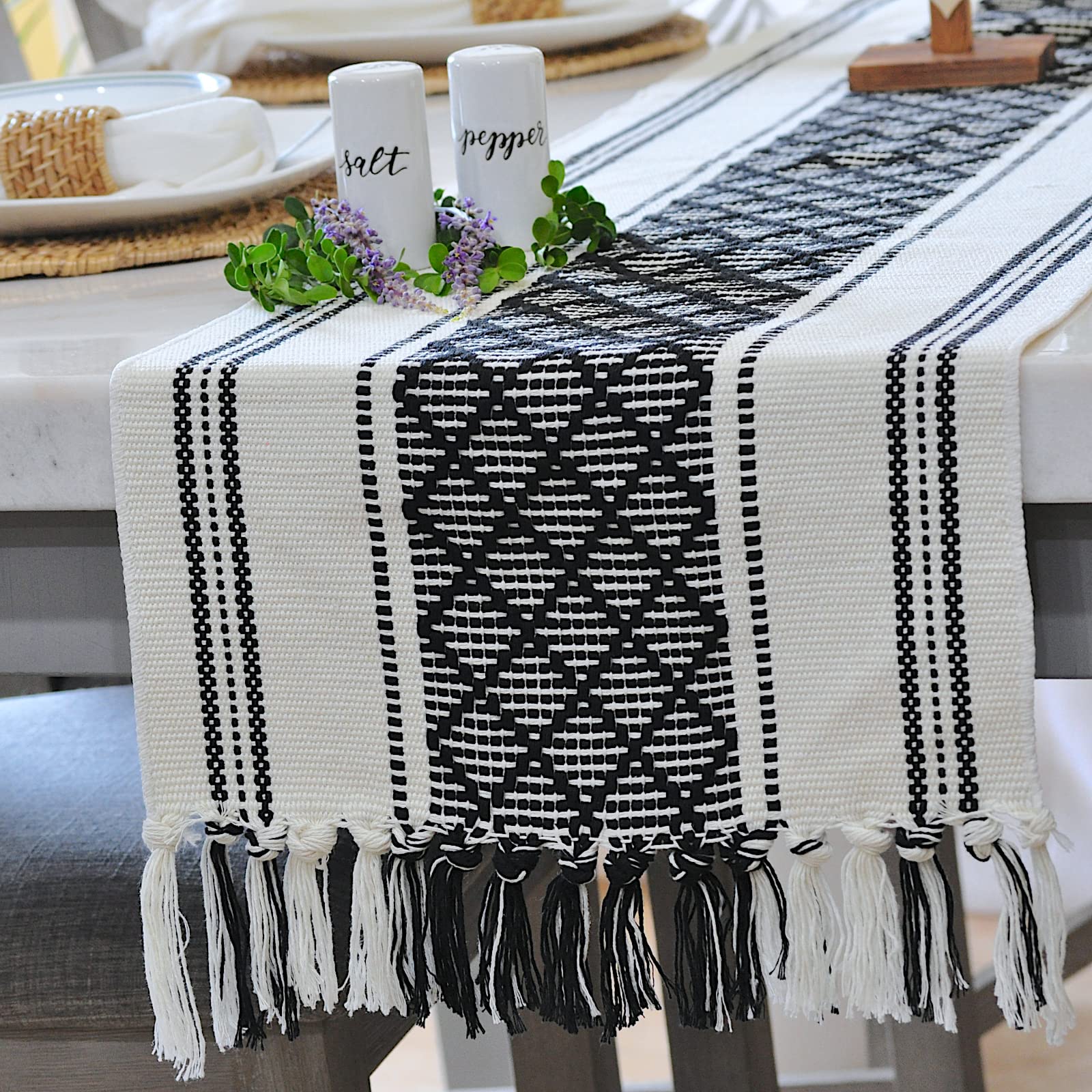 Oveesha Boho Short Coffee Table Runner With Tassels 14 X 48 Inches, Black & Cream/Woven Washable Dresser Scarf And Topper For Be