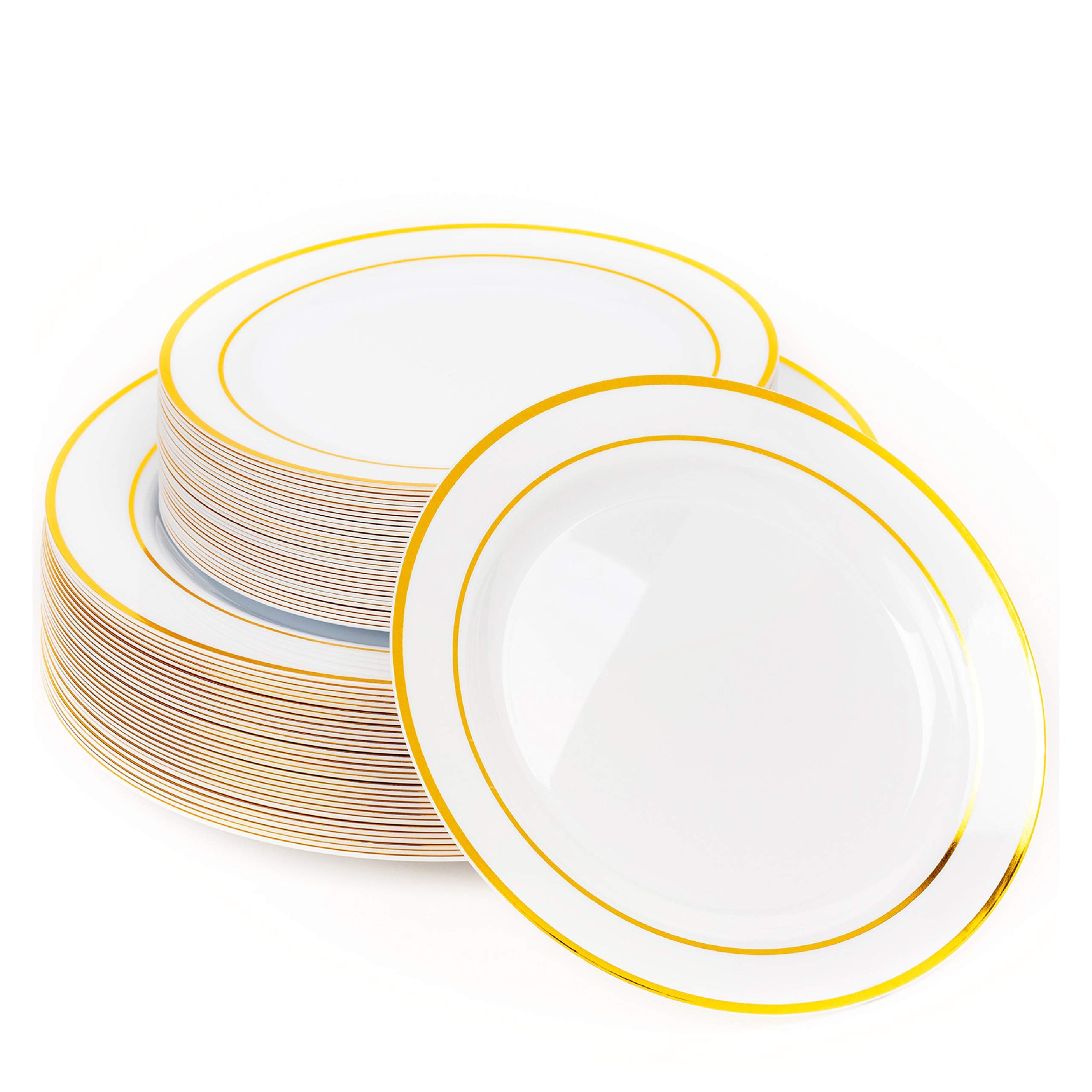 Matana 60 Pc Reusable Gold Plastic Plates With White Gold Rim - 30 Dinner Plates 10.25'' Inch, 30 Salad Dessert Appetizer Plates