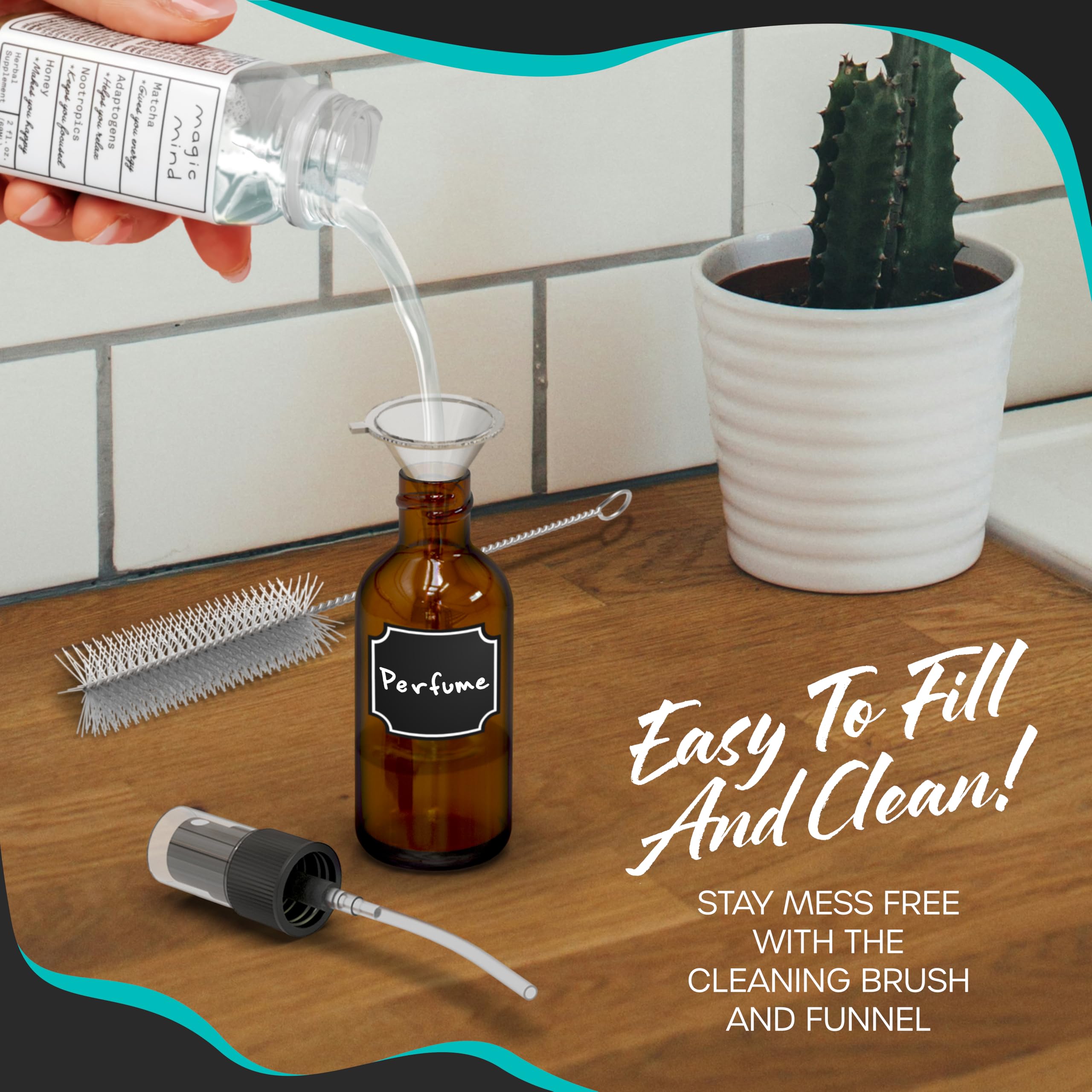 Nevlers 24 Pack Amber 1 Oz Glass Spray Bottle | The Amber Misting Glass Bottles Includes Sprayers & A Funnel And Brush With Bonu