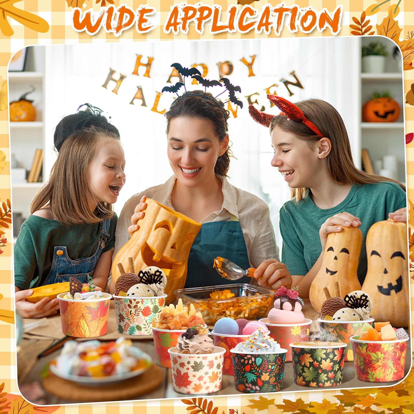 Yungyan 50 Pcs Fall Snack Cups 9 oz Disposable Ice Cream Bowls Pumpkin Maple Leaves Paper Dessert Cups for Thanksgiving Harvest