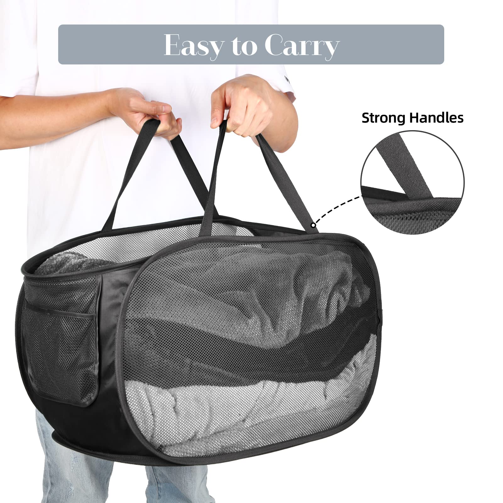 4 Pcs Durable Collapsible Laundry Baskets, Foldable Laundry Basket Large Opening, Pop Up Laundry Hamper With Pocket, Clothes Ham