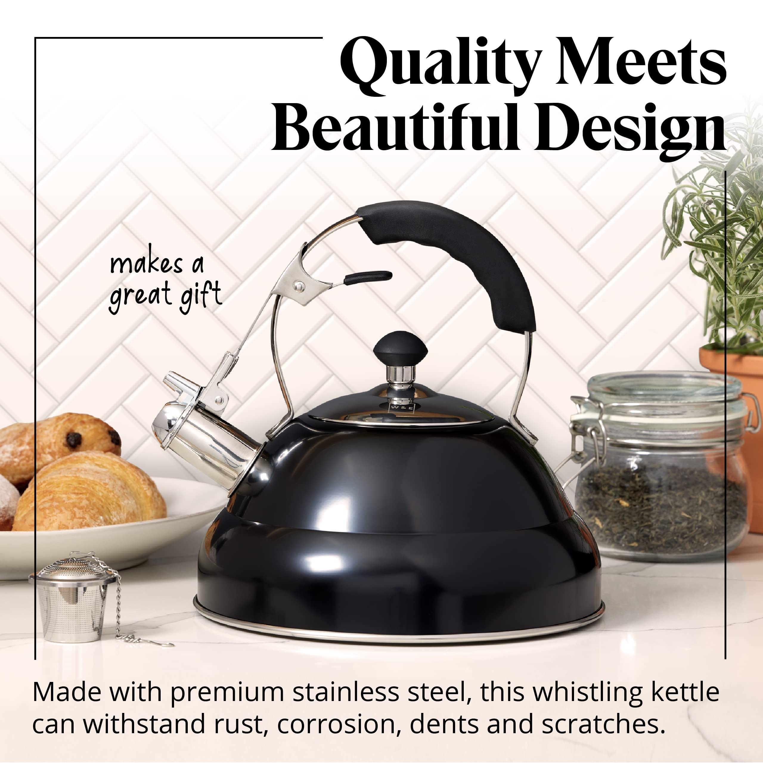 Willow & Everett Whistling Tea Kettle - 2.75 Quart Stainless Steel with Strainer, Single Handle, Mirror Finish