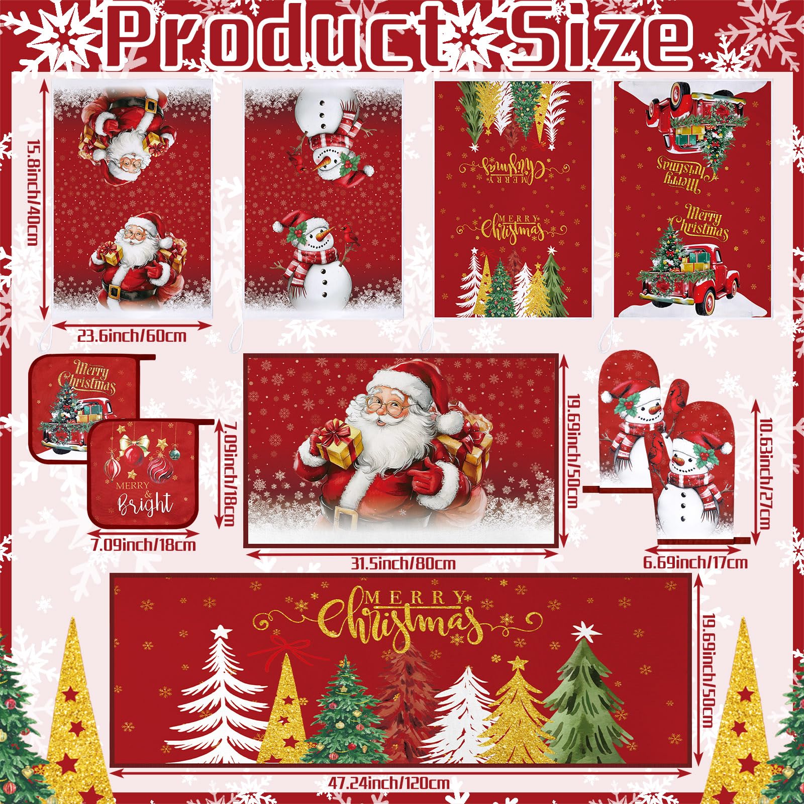Fourluoo 10 Pcs Christmas Kitchen Decor Set Christmas Oven Mitts and Pot Holders Set Xmas Kitchen Dish Towels Santa Rugs and Mat