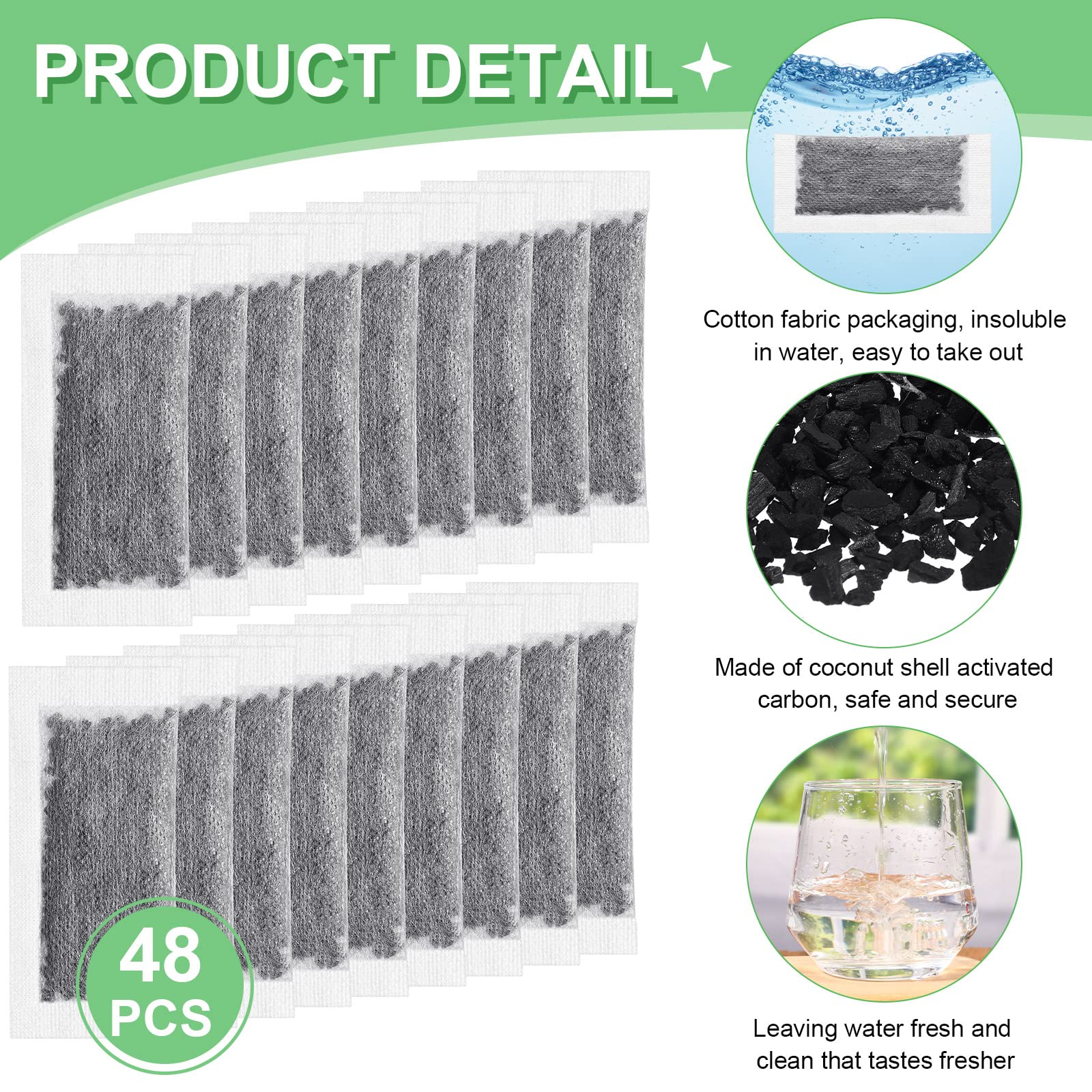 48 Packs Replacement Activated Charcoal Distiller Filters Coconut Shell Activated Carbon Filter Sachets Compatible With Countert