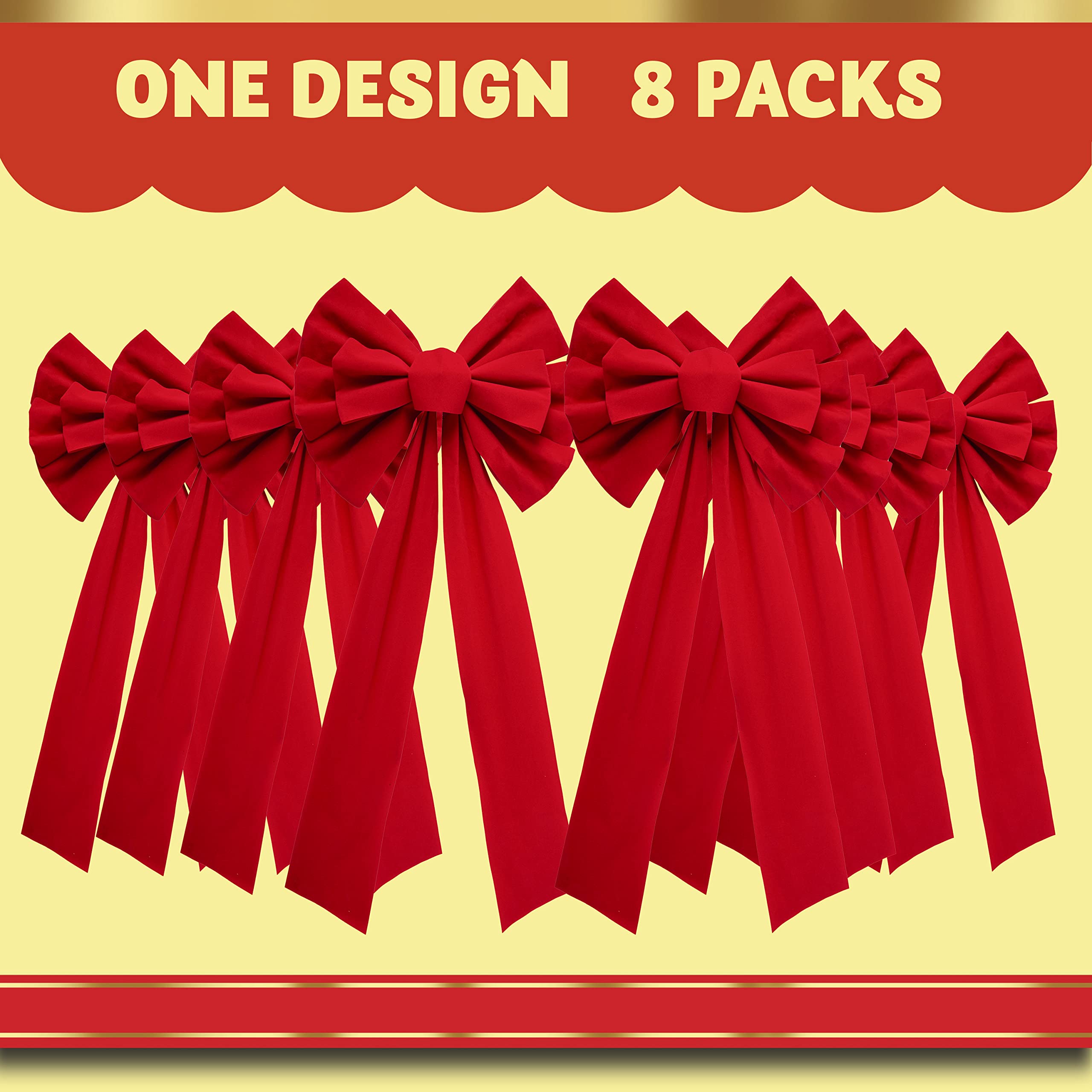 JOYIN 8 Pack Christmas Red Velvet Bows, 26 Long by 10 Wide Decorative Christmas Bows for Wreath Garland Tree Decor, Indoor Outdo