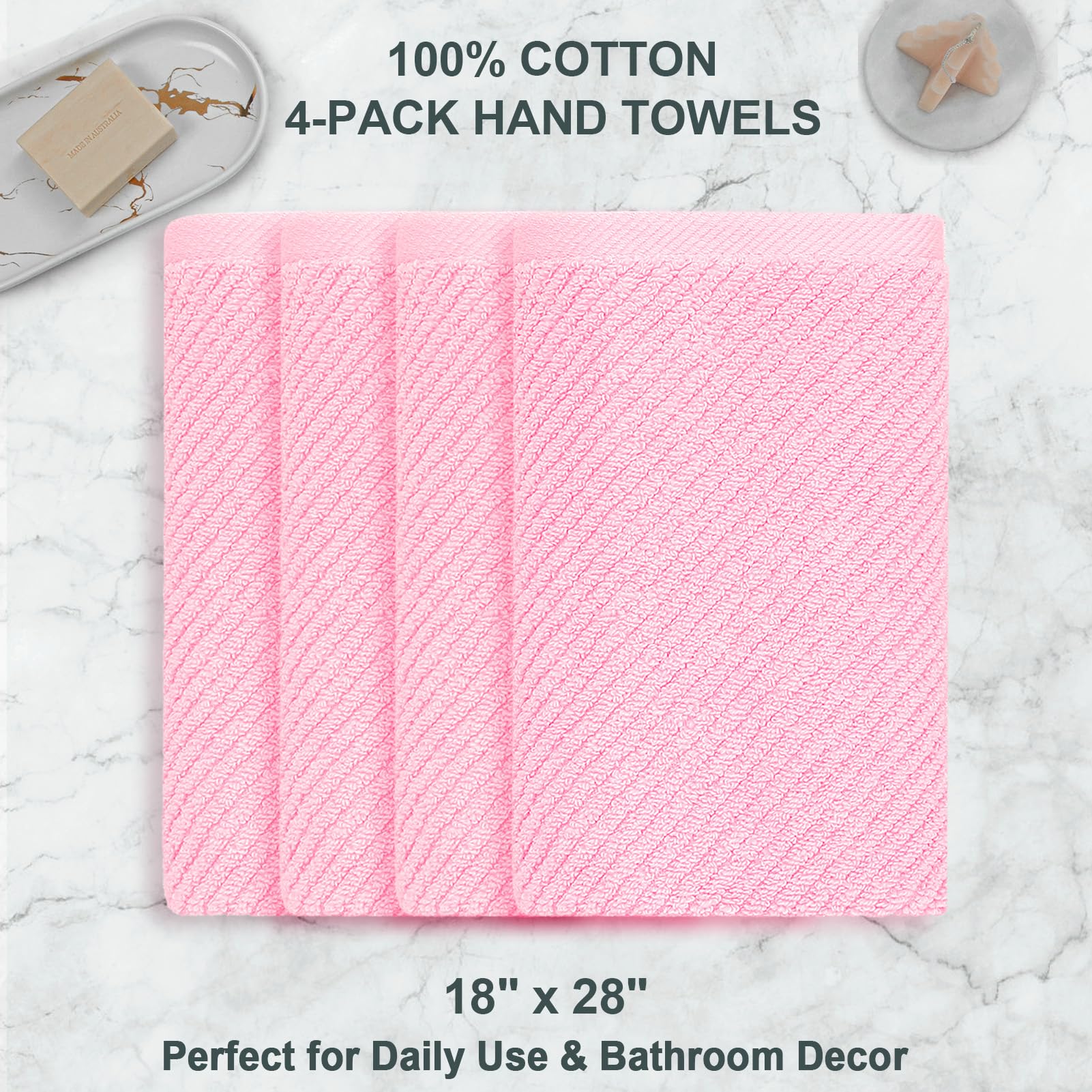 Voova & Movas Bathroom Hand Towels Set Of 4, Large 18'' X 28'' - 100% Cotton | Quick Dry | Light Weight | Thick | Soft | Absorpt
