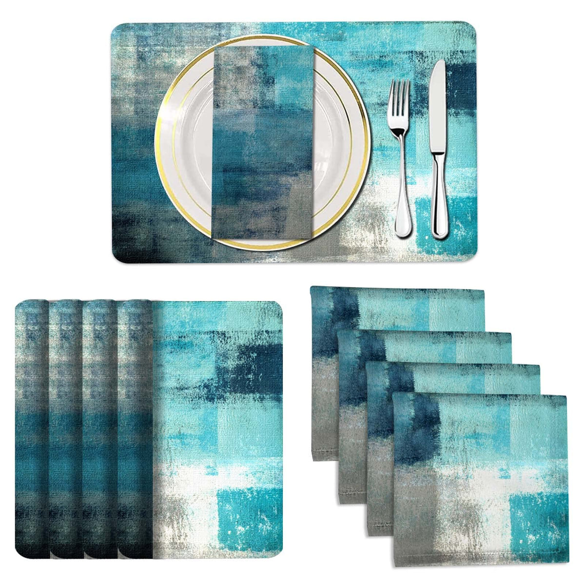 Turquoise Placemats And Cloth Napkins Set Of 8, Modern Art Placemat, Abstract Art Painted Placemats For Home Kitchen Decor (Plac
