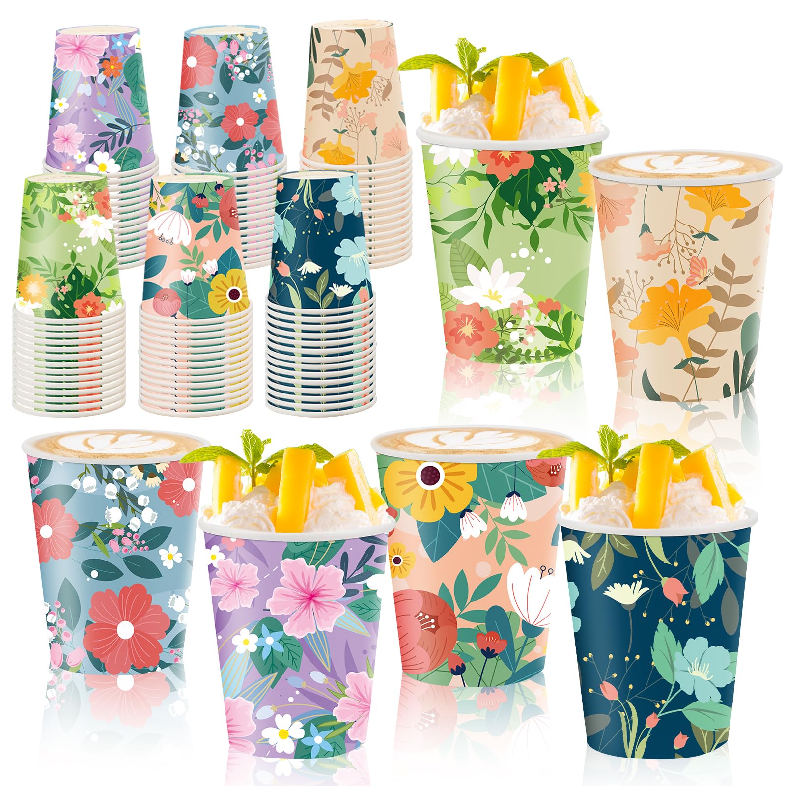 Disposable Paper Cup 9Oz 48 Pcs - 6 Unique Floral Designs Drinking Cup, Perfect For Spring Birthday Parties, Easter, Bridal Show