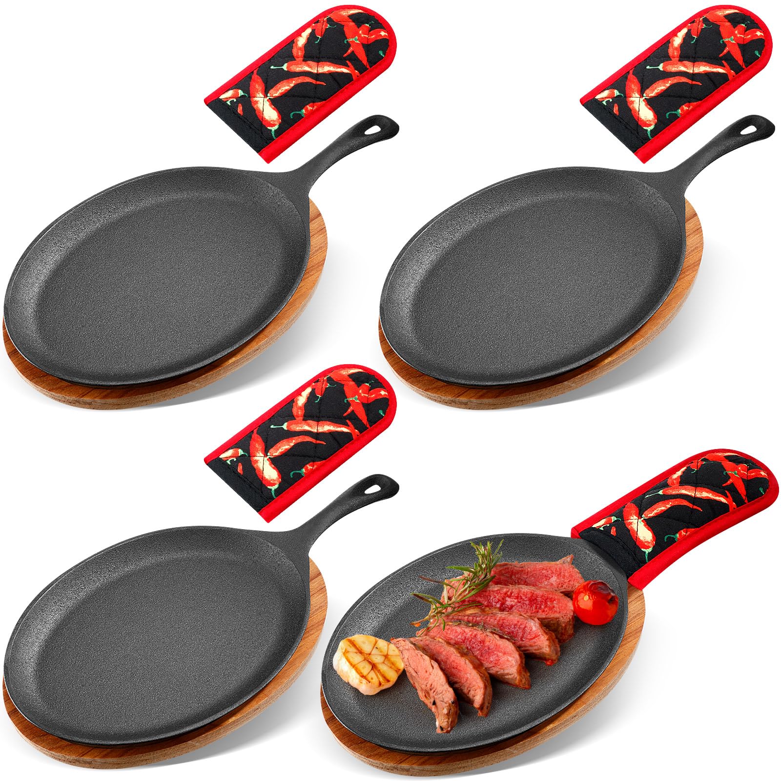 Lallisa 4 Sets Cast Iron Fajita Plate Set Fajita Plate Pan With Wooden Tray Anti Scald Protection Hot Mitt Cast Iron Skillet Set