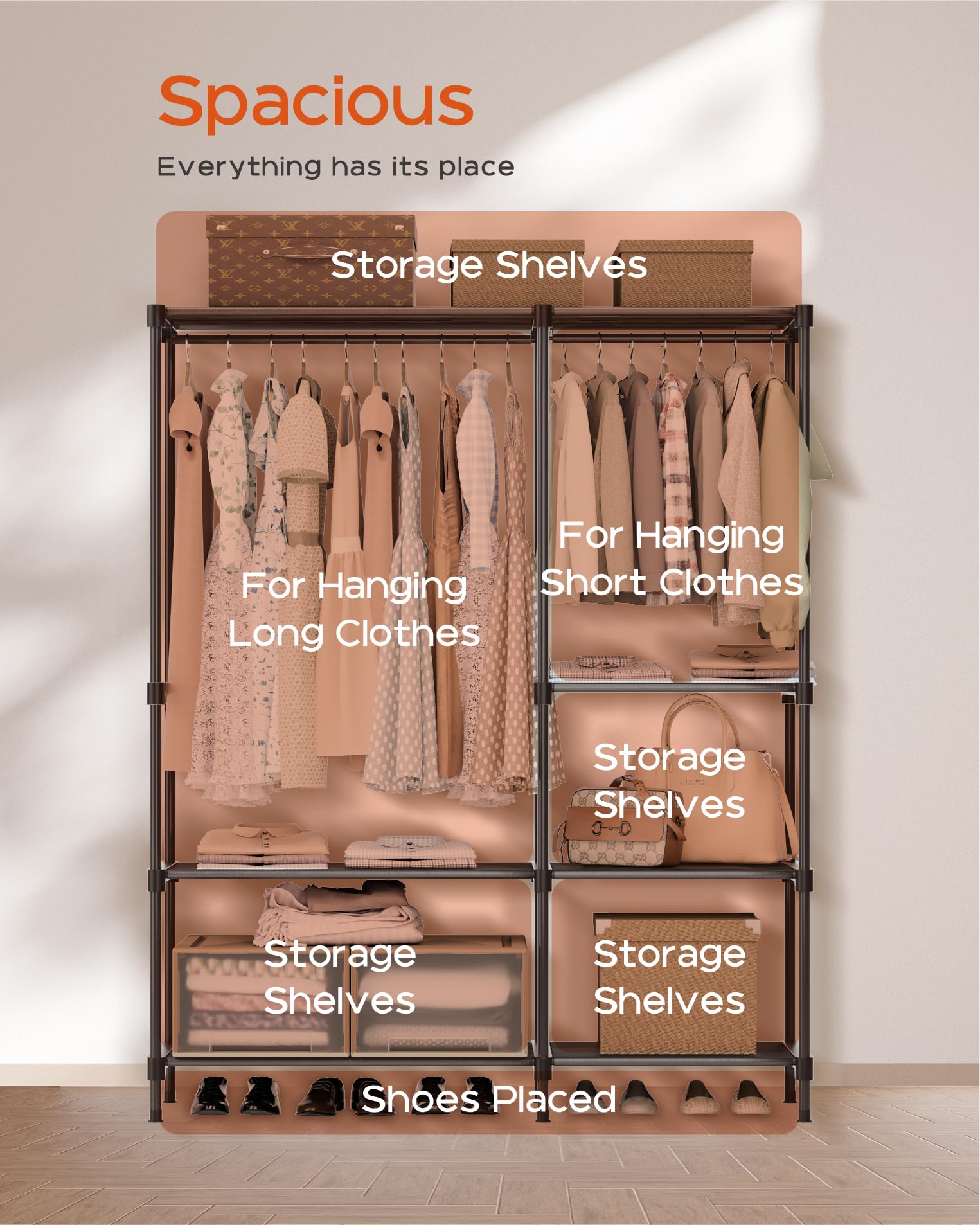 Casamaya Clothes Rack, Portable Closet, 44.9 Inch Large Capacity Wardrobe Closet, Clothes Storage Organizer With Shelves And 2 H