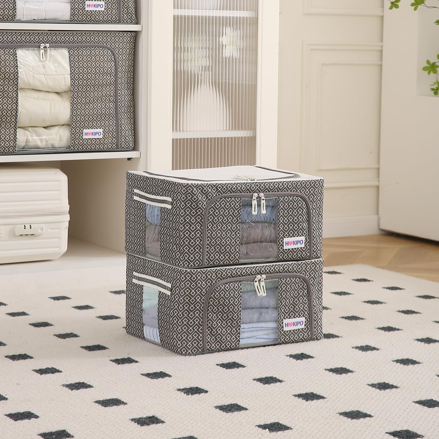 Hokipo Wardrobe Organizer Storage Box | Foldable Cloth Storage Boxes With Metal Frame & Window | 600D Oxford Fabric | 24L, Pack 
