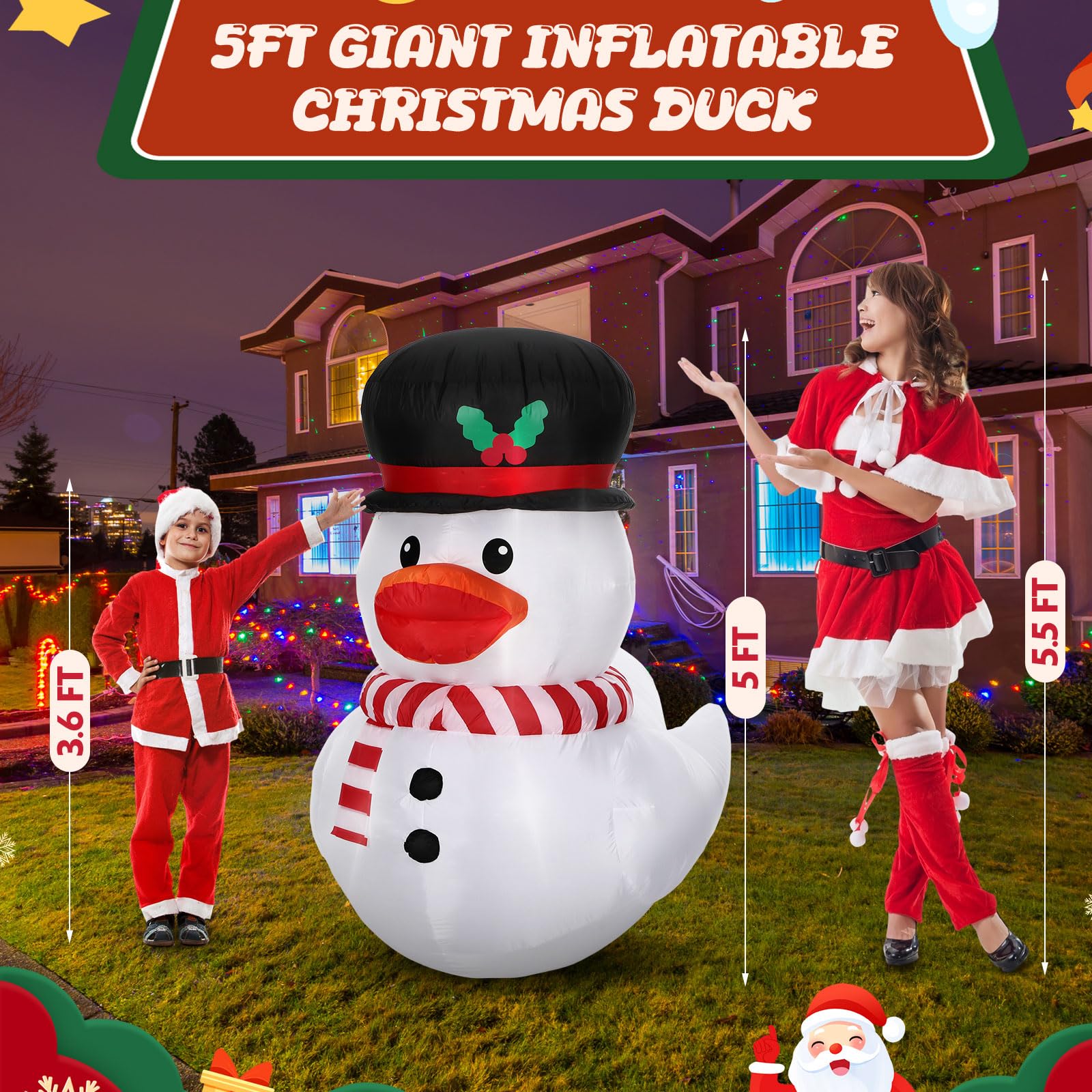 Leyndo 5FT Christmas Inflatables Decoration Outdoor Inflatables Duck with Build-in LEDs Lights Giant Blow Up Duck Wear Snowman C