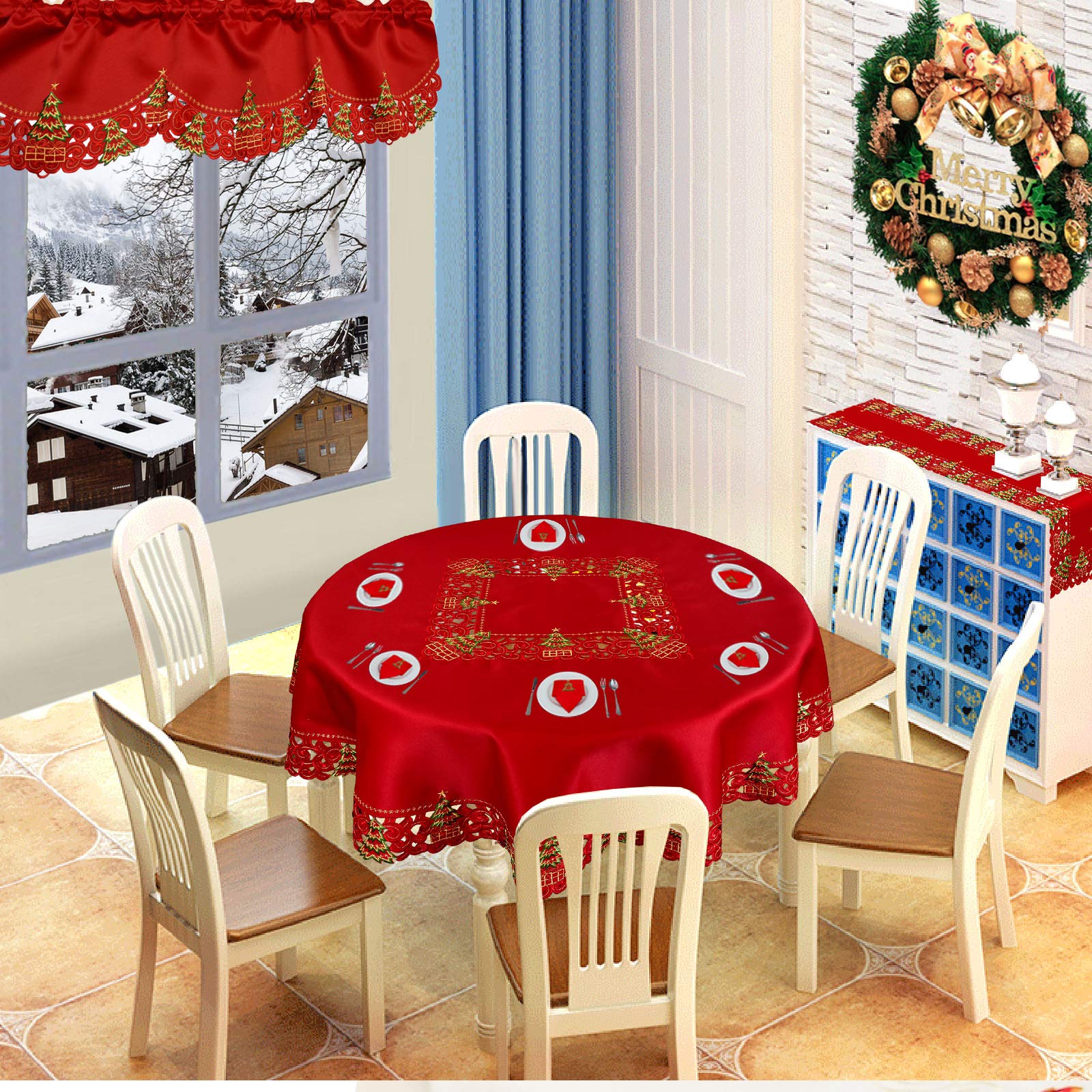 Grelucgo Embroidered Christmas Holiday Holly Tree Tablecloth (52 Inches Round Tablecloth)