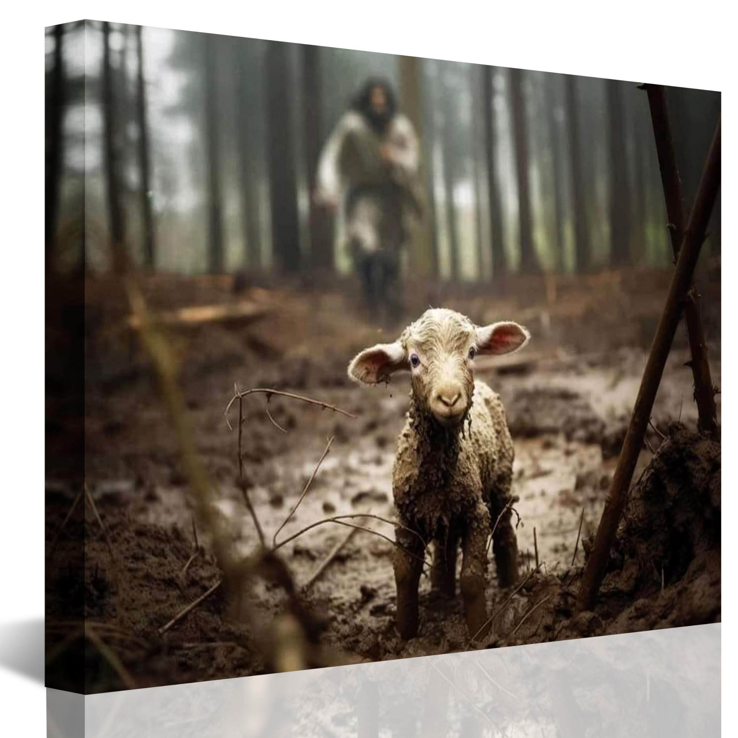 Jesus And Lamb Canvas Wall Art Jesus Running After Lost Lamb Picture Wall Art Canvas Print Christian Home Decor 30X24 Inch (Land