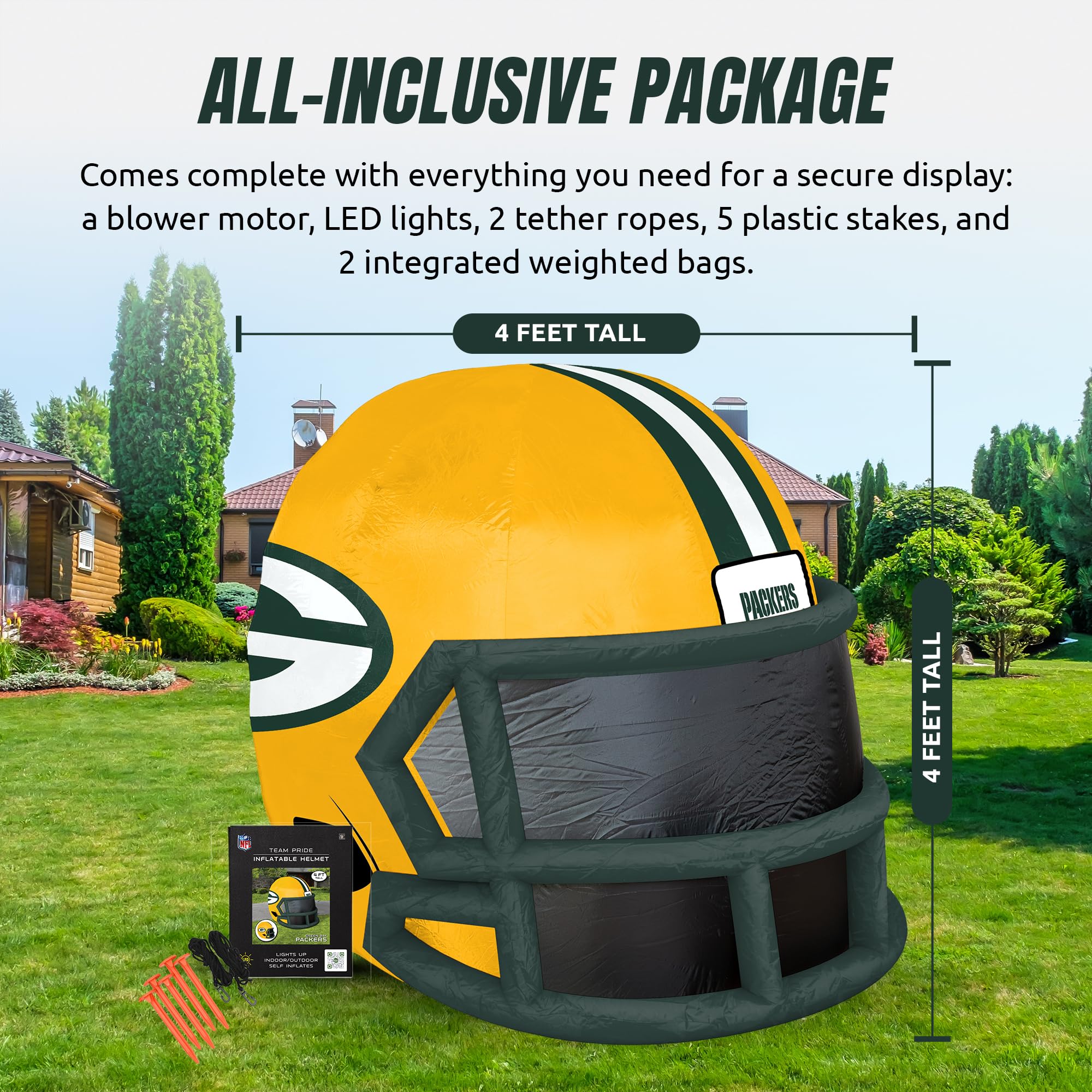 Sporticulture NFL Green Bay Packers 4ft Inflatable Helmet with LED Lights & Built-in Blower - Merchandise Decor Ideal for Lawn,