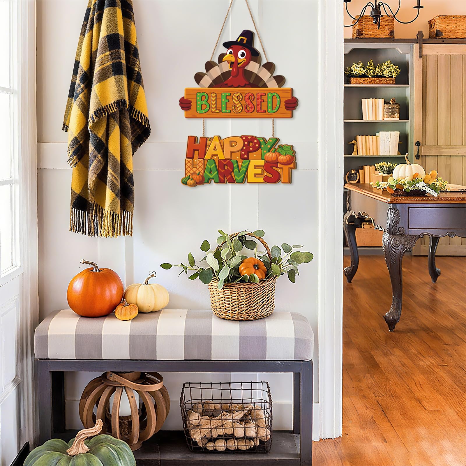 Ausril Thanksgiving Turkey Door Hanging,Autumn Turkey Shape Door Decor,Happy Harvest Wooden Sign,Fall Bless Harvest Wall Plaque,