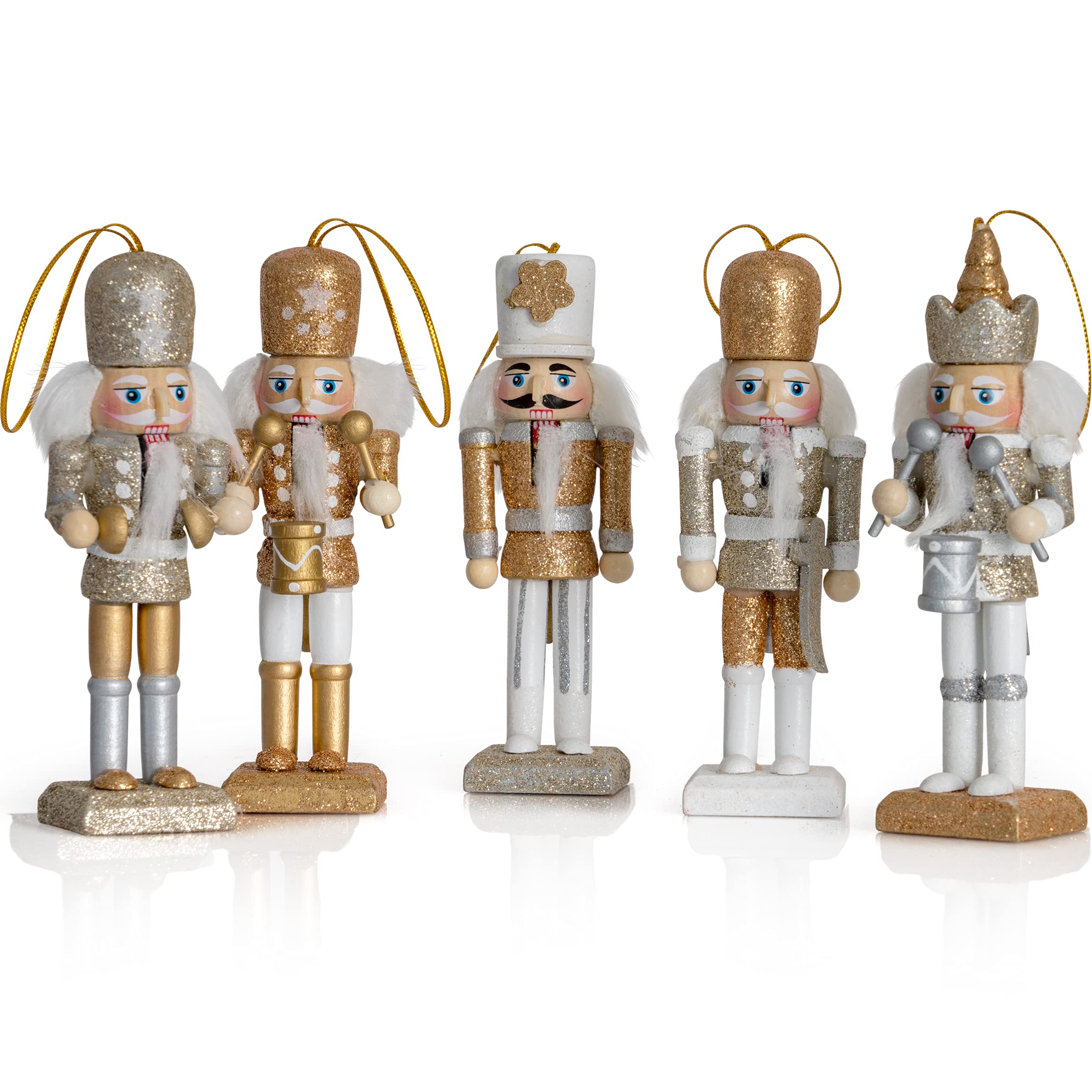 Ornativity Nutcracker Hanging Ornament Figures - Gold and Silver Glittered Christmas Mini Wooden King and Soldier Nutcrackers Xm