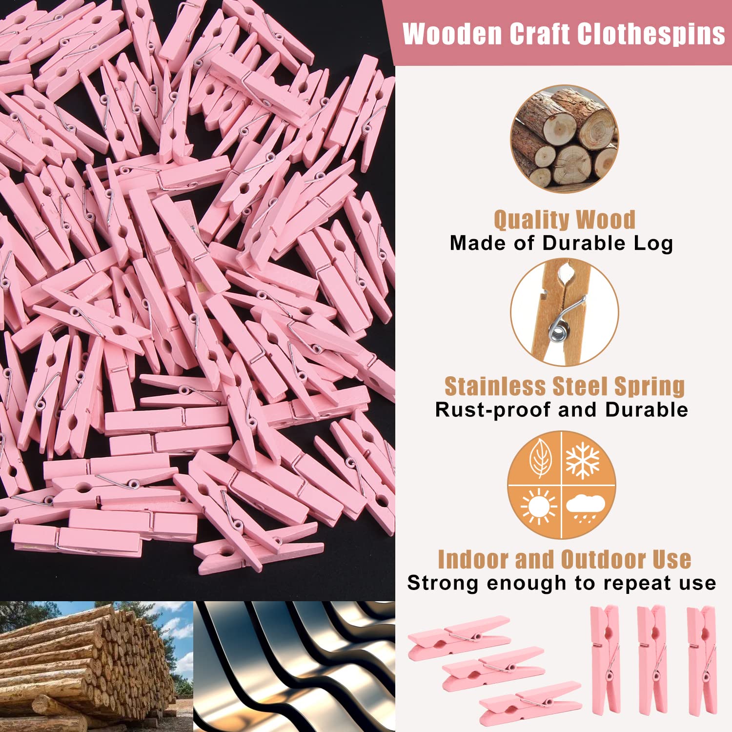 Kimober 1.77Inch Wooden Clothespins,Pink Craft Wood Clothes Pins Pegs Clips For Hanging Photos,Paper Crafts,100Pcs
