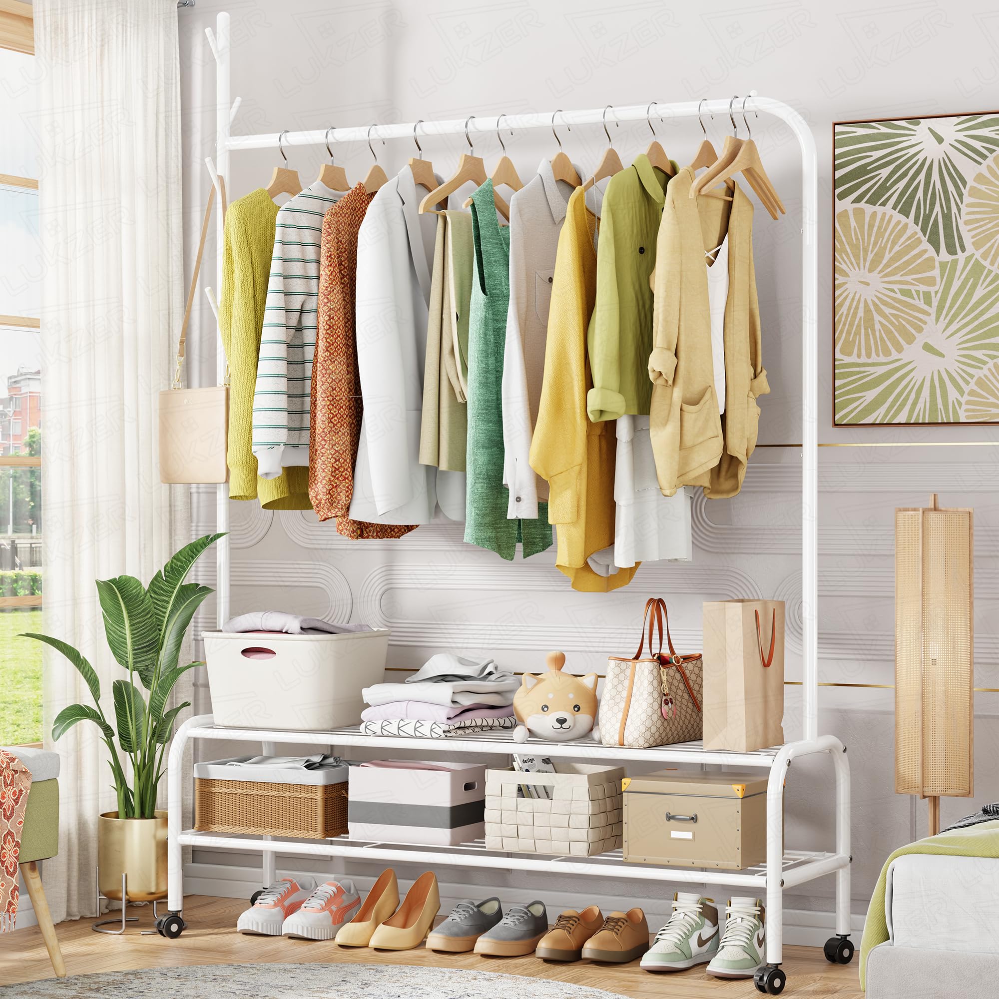 Lukzer Metal Cloth Stand With Dual Shelves & Wheels (Mgr008White) Garment Rack & Storage Organizer For Home & Boutique, Open W