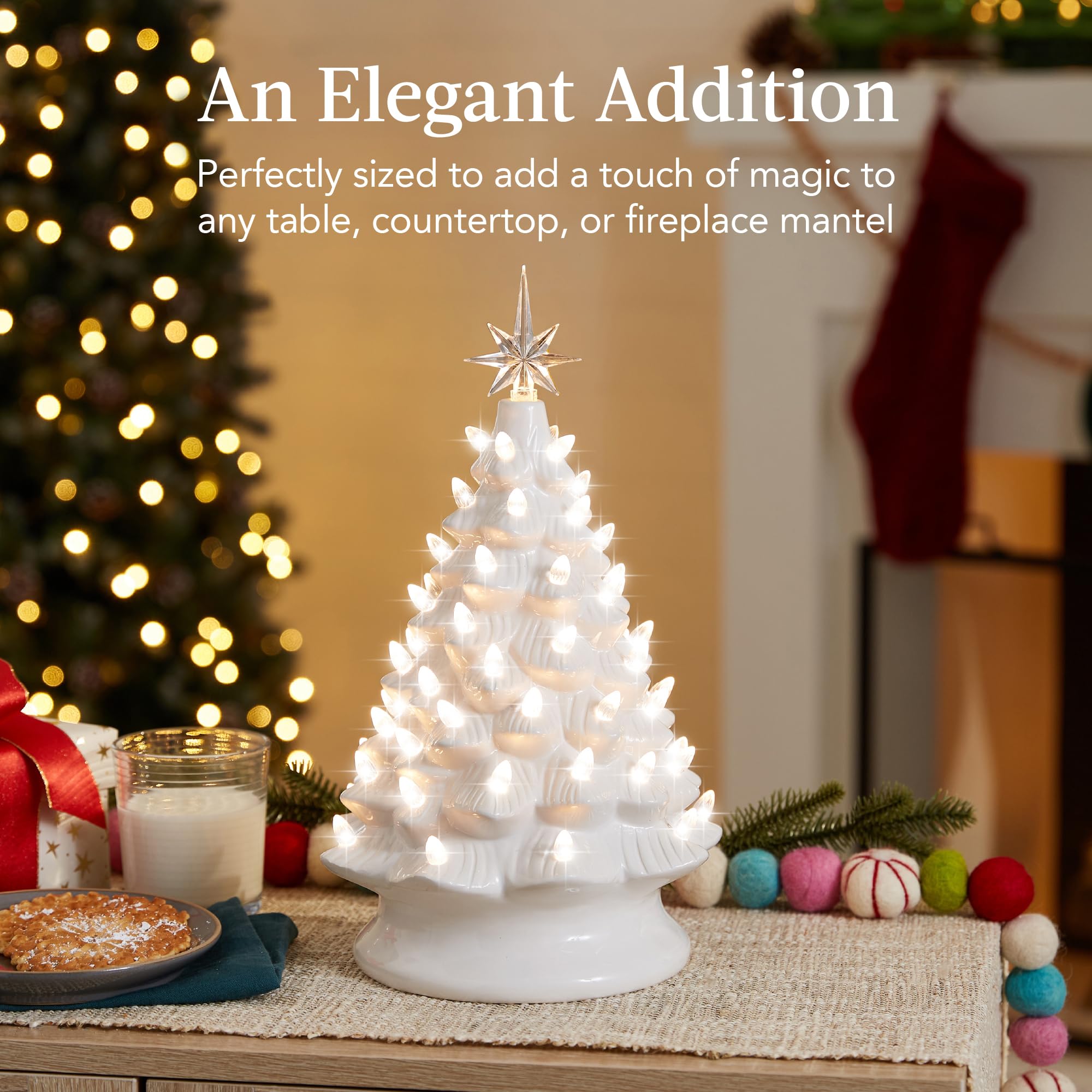 Best Choice Products 15in Ceramic Christmas Tree, Pre-lit Hand-Painted Tabletop Holiday Tree, 2 Star Toppers, 64 Lights - White