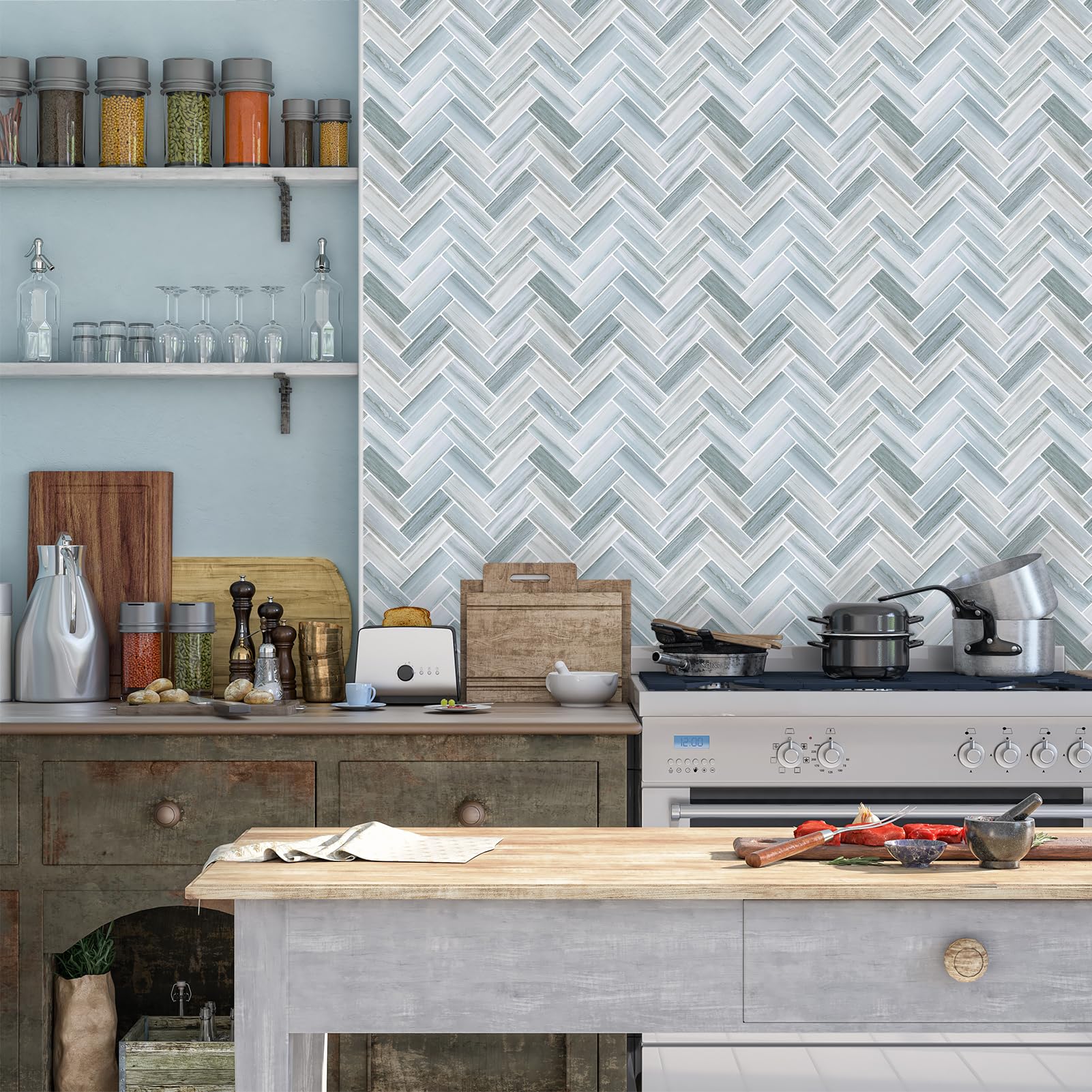 Tilingview 10 Pcs Vinyl Peel And Stick Tile For Kitchen Backsplash, Plastic Self-Adhesive Tiles Pvc Wall Stickers (Blue Gray Her