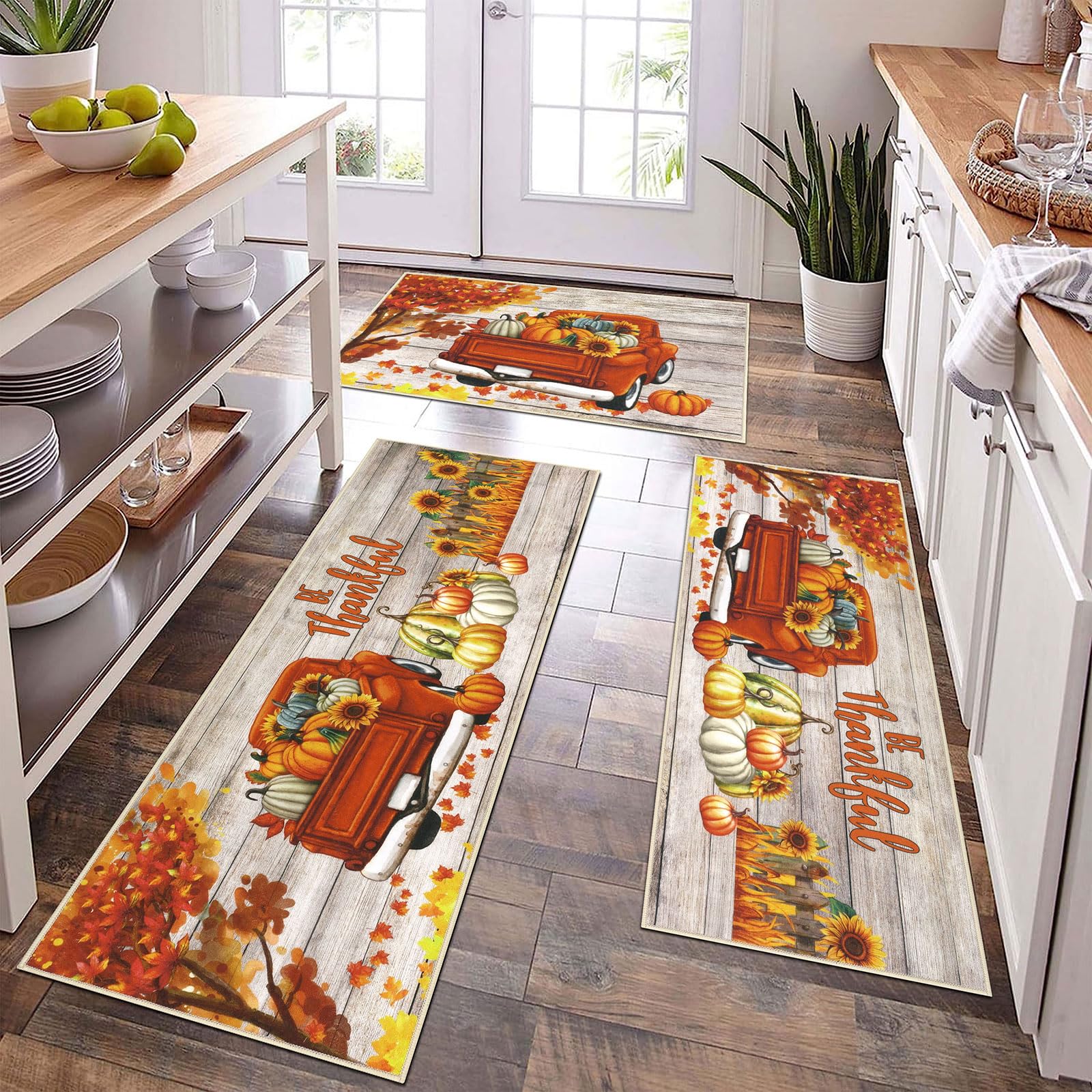 U Artlines Fall Kitchen Rugs with Runner Sets 3 Piece Vintage Truck Seasonal Harvest Holiday Party Rugs and Mats Non Skid Washa