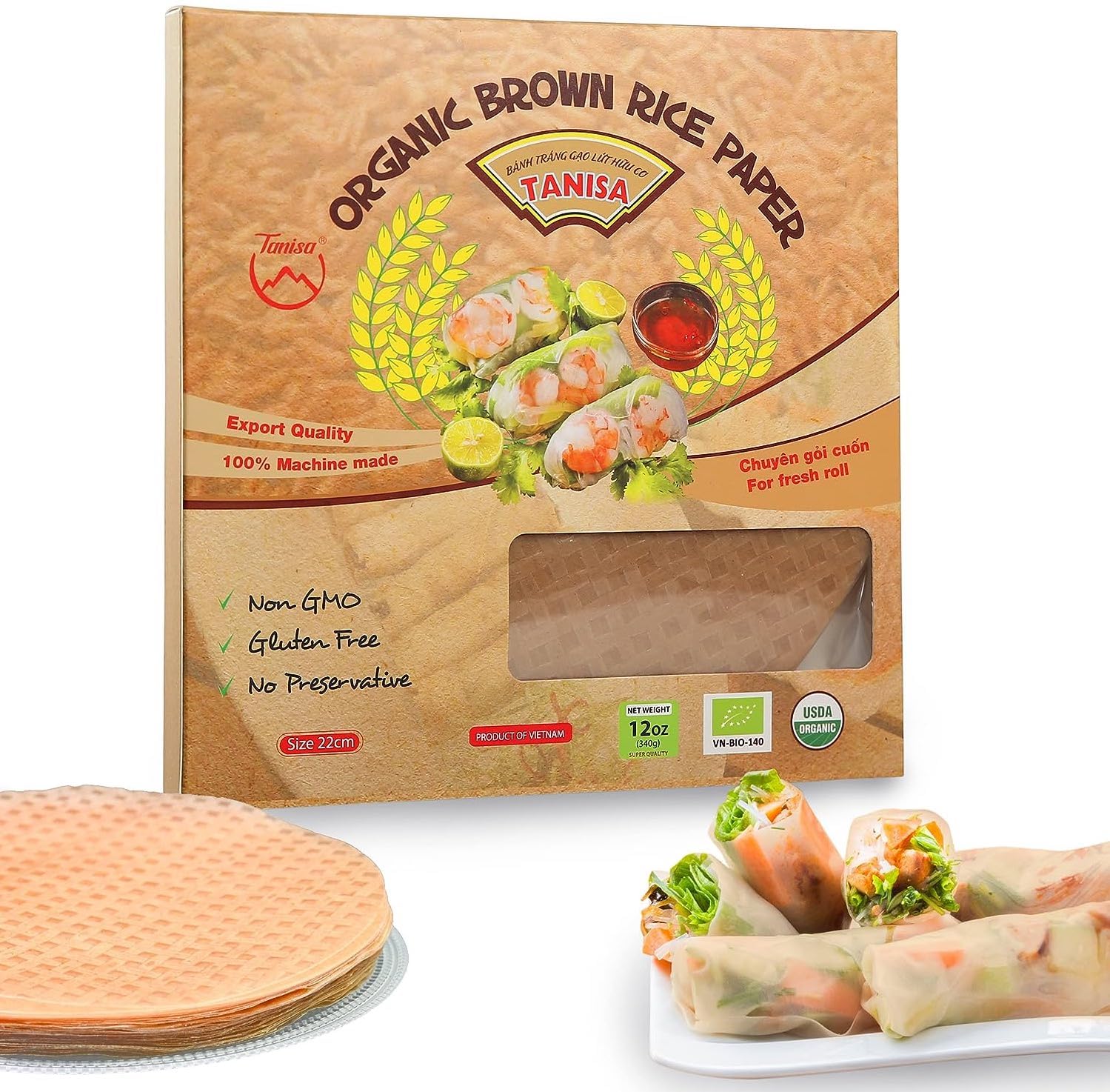TANISA 38 Sheets Organic Brown Rice Paper Wrappers, Spring Roll Wrappers, Round Rice Wrappers for Fresh Rolls, Vietnamese Rice P