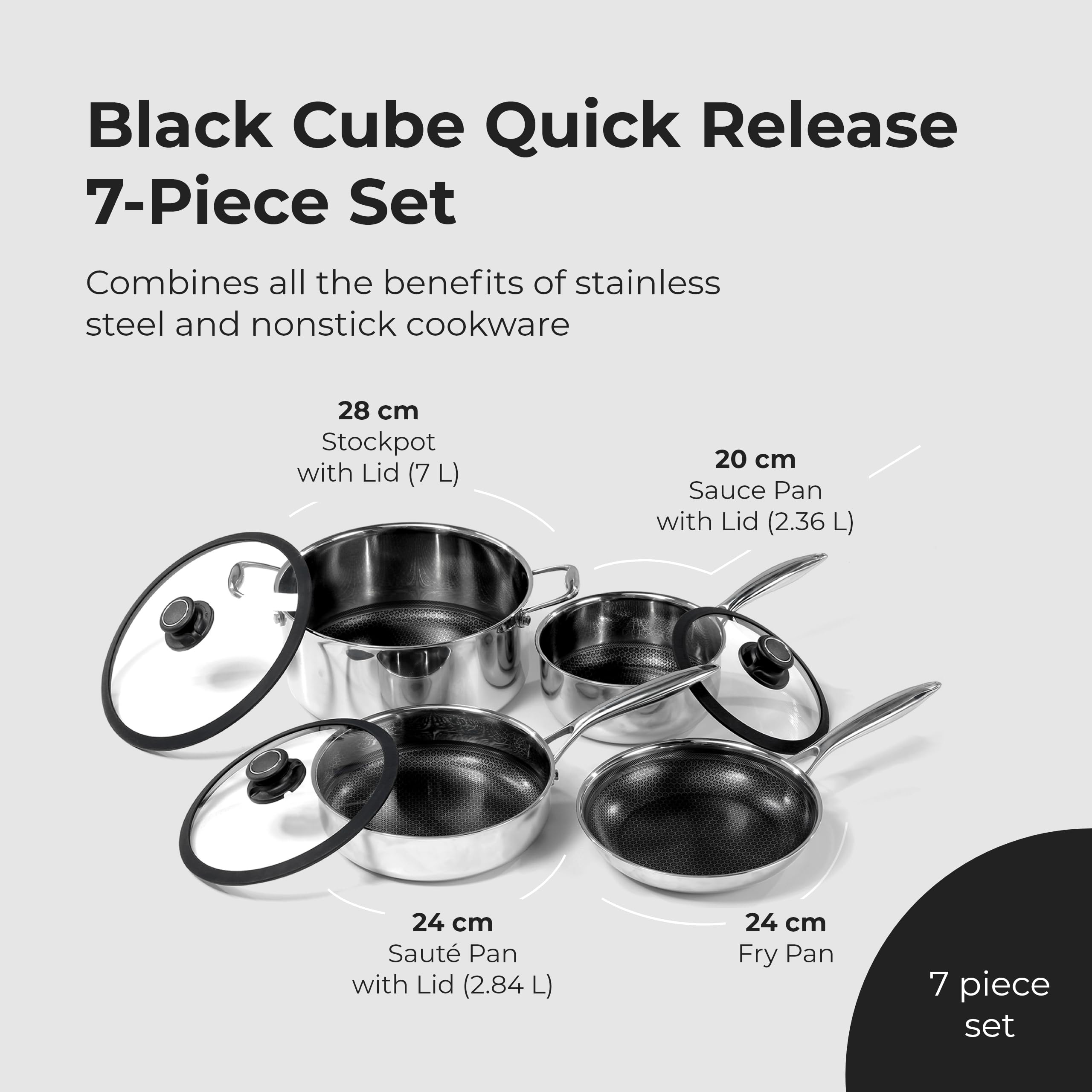 Black Cube Quick Release Cookware 7 Piece Set, Assorted Sizes