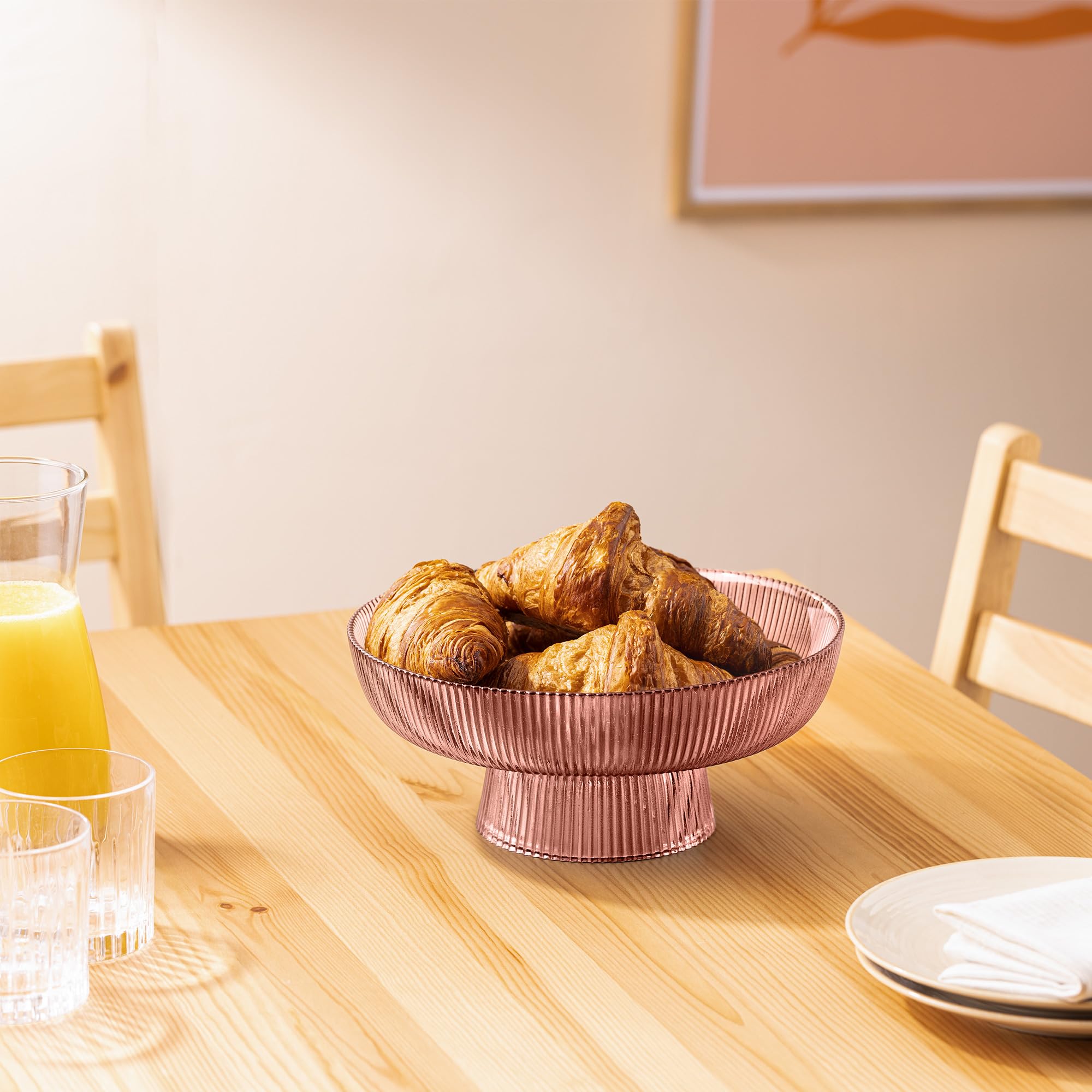Navaris Decorative Fluted Coloured Glass Bowl - Fruit Snacks Sweets Centerpiece Dish - 26cm Diameter - Red Tinted