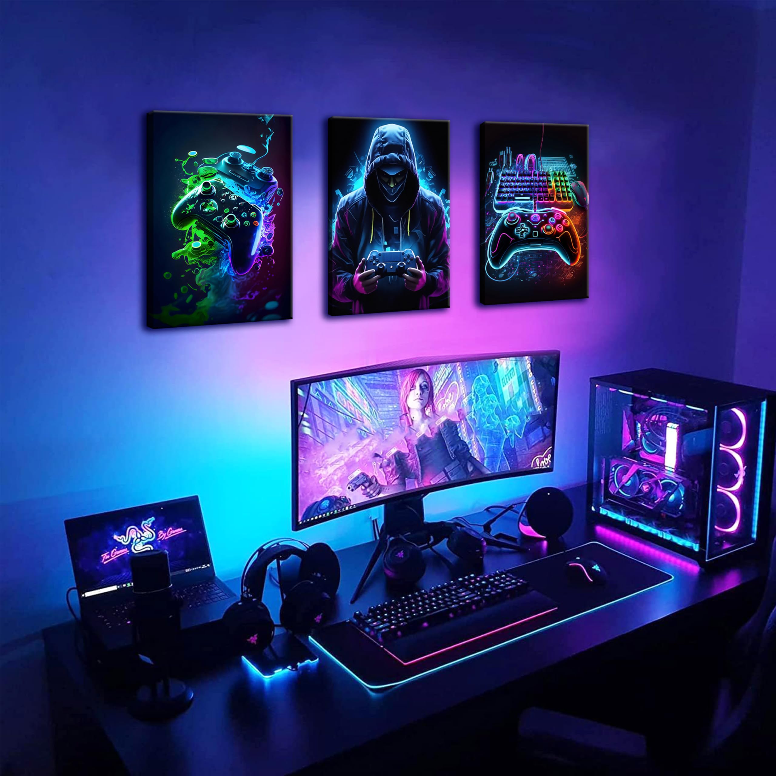 Bgfce Cool Gaming Canvas Wall Art Set Of 3, Retro Video Game Watercolor Poster Pictures, Neon Gamepad Gamepad Painting Prints Ga