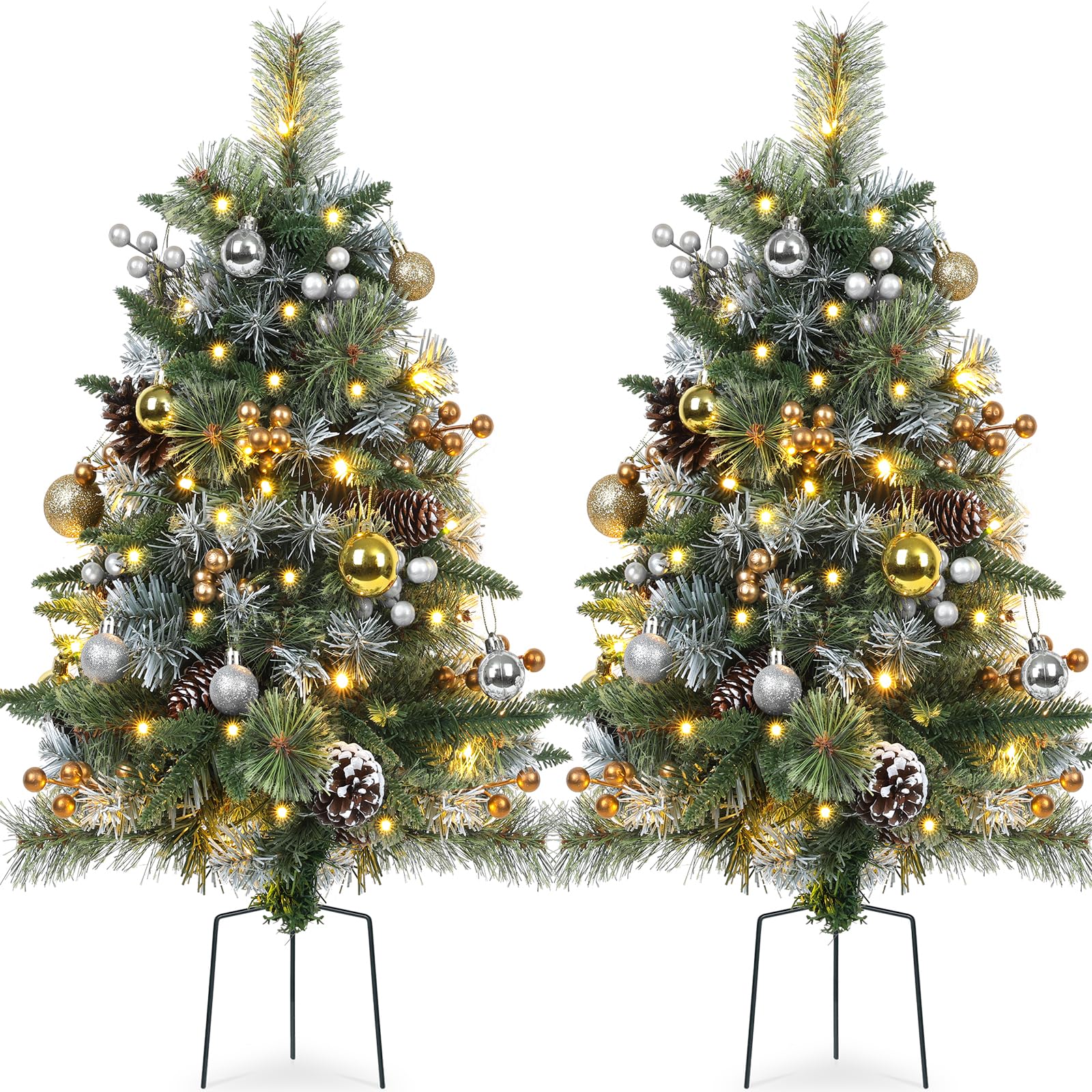 TOWPONICS Set of 2 Outdoor Pathway Christmas Trees, 30    Battery Operated Pre-Lit Frosted Xmas Tree with 35 LED Lights, 8 Flash