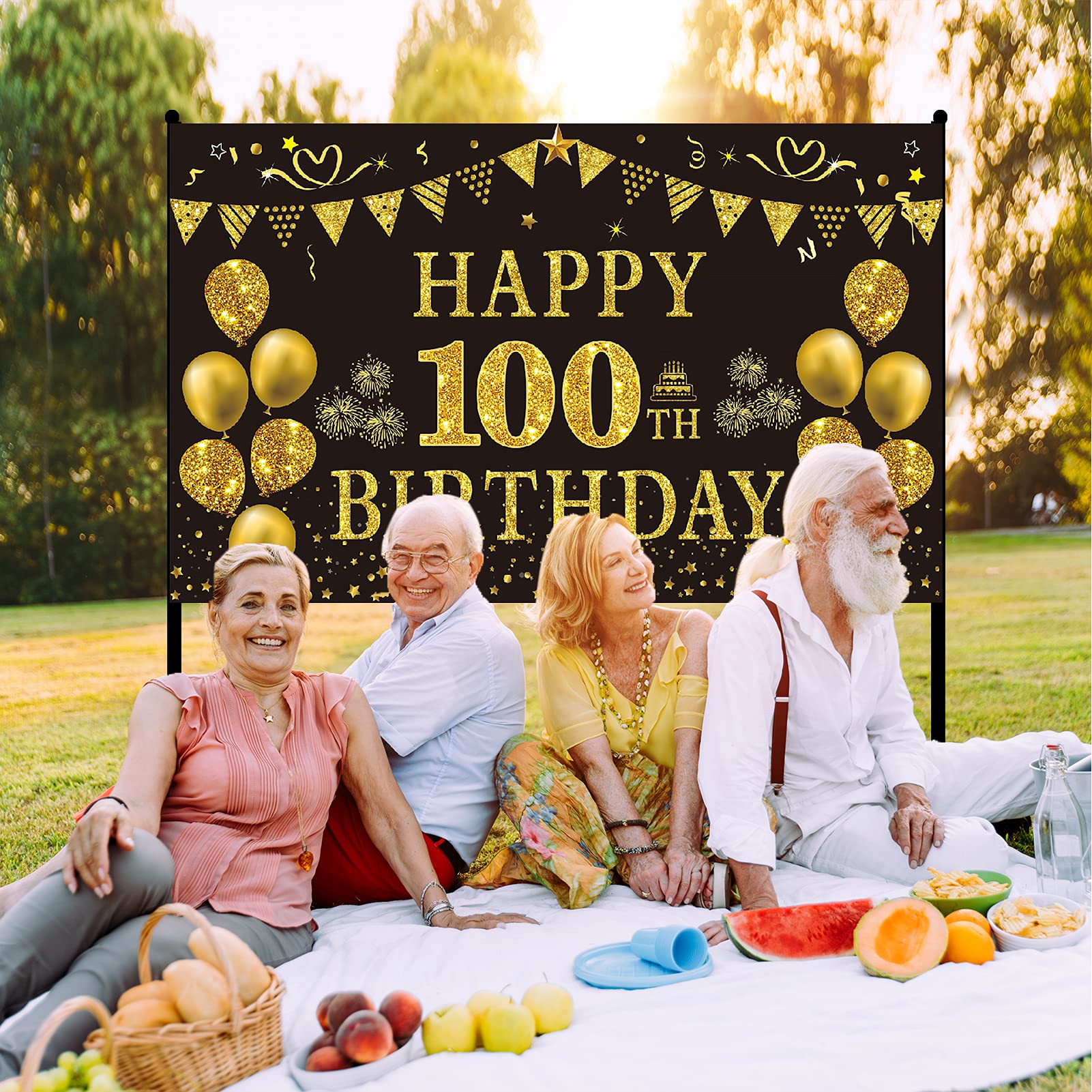 Trgowaul 100Th Birthday Decorations For Men Women - Black And Gold 100Th Birthday Backdrop Banner 5.9 X 3.6 Fts Happy 100Th Birt