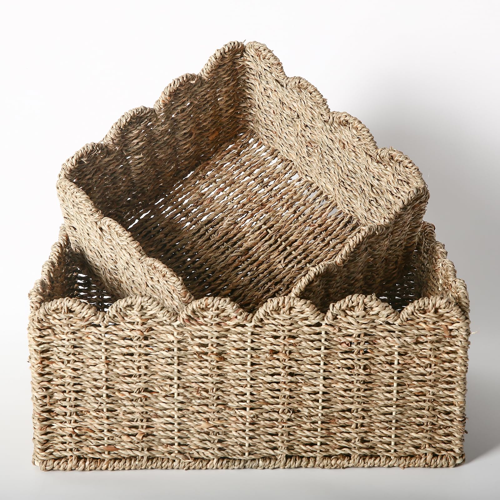 Scalloped Edge Basket, Wicker Storage Baskets, Hand Woven Baskets For Shelves,Natural Baskets For Organizing (Seagrass(S-9.5'' L