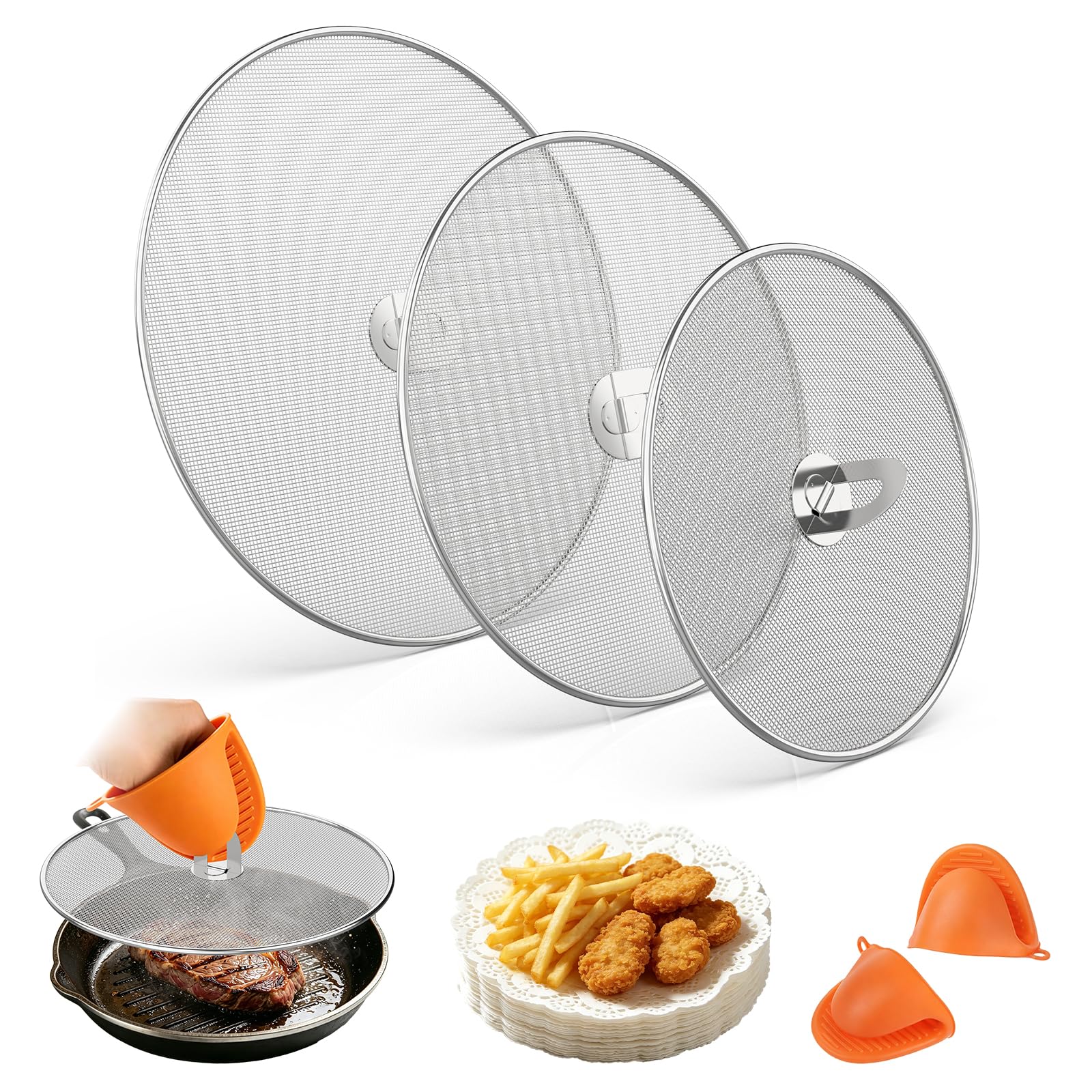Grease Screen for Frying Pan, Splatter Guard 3Pack 10 11.5 13 304 Steel