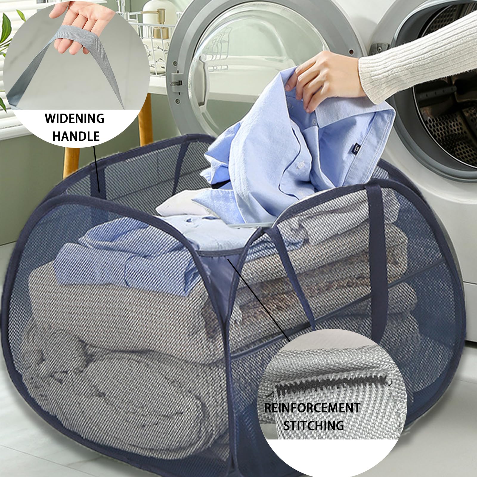 Kimmama Collapsible Mesh Laundry Basket,Foldable Pop Up Laundry Hamper With Side Pocket,Removable Clothes Storage Bin With Handl