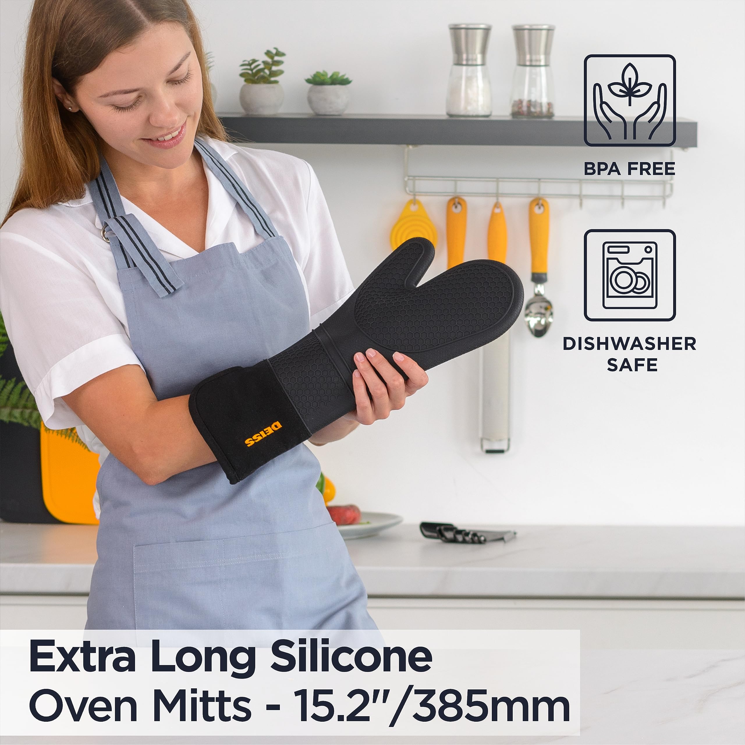 Deiss Pro Heat And Stain Resistant Silicone Oven Mitts Set, Soft Cotton Lining Bbq Gloves, Waterproof, Extra Long Flexible Thick