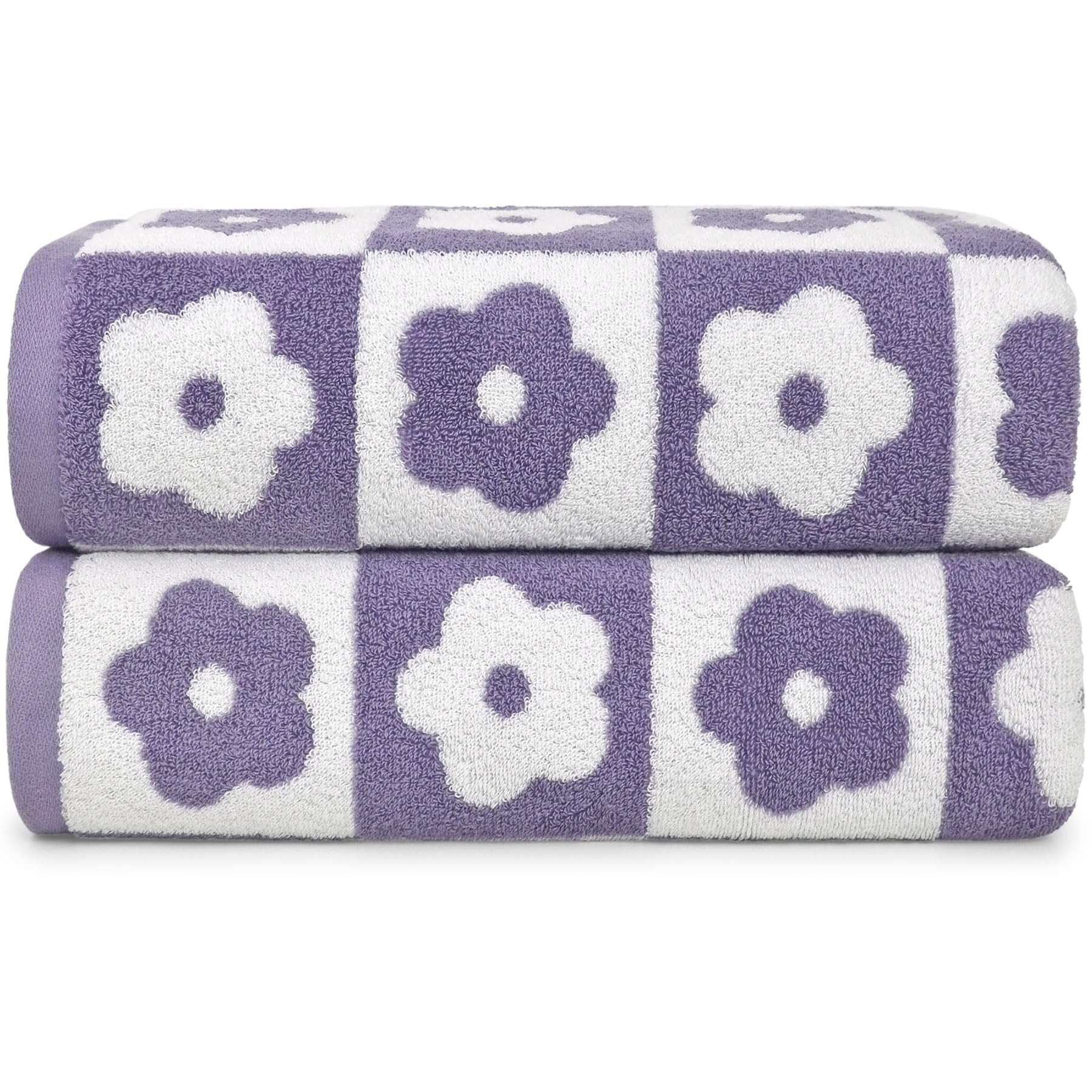 Jacquotha Cotton Bath Towels Pack Of 2 With Lilac Checkered Floral Charm - Luxury Lightwieght Quick Dry Towels For Bathroom Show